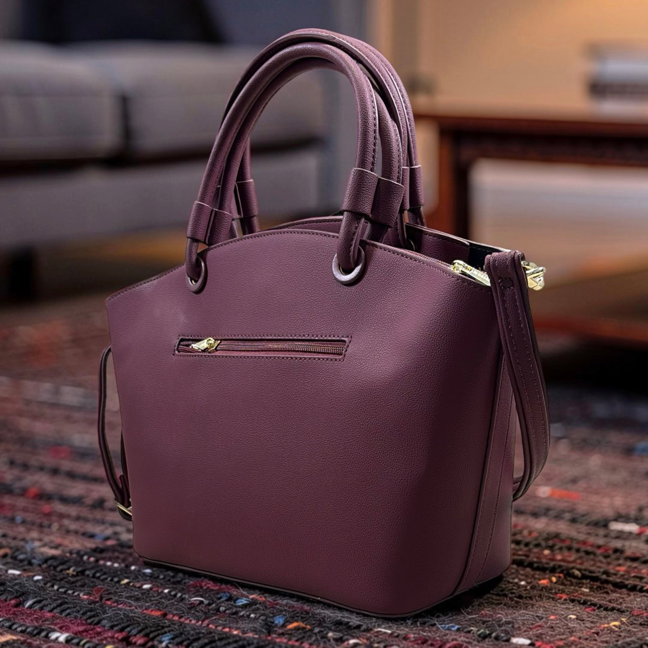 Chrisbella Triple Compartment Double Handle Bag in Burgundy