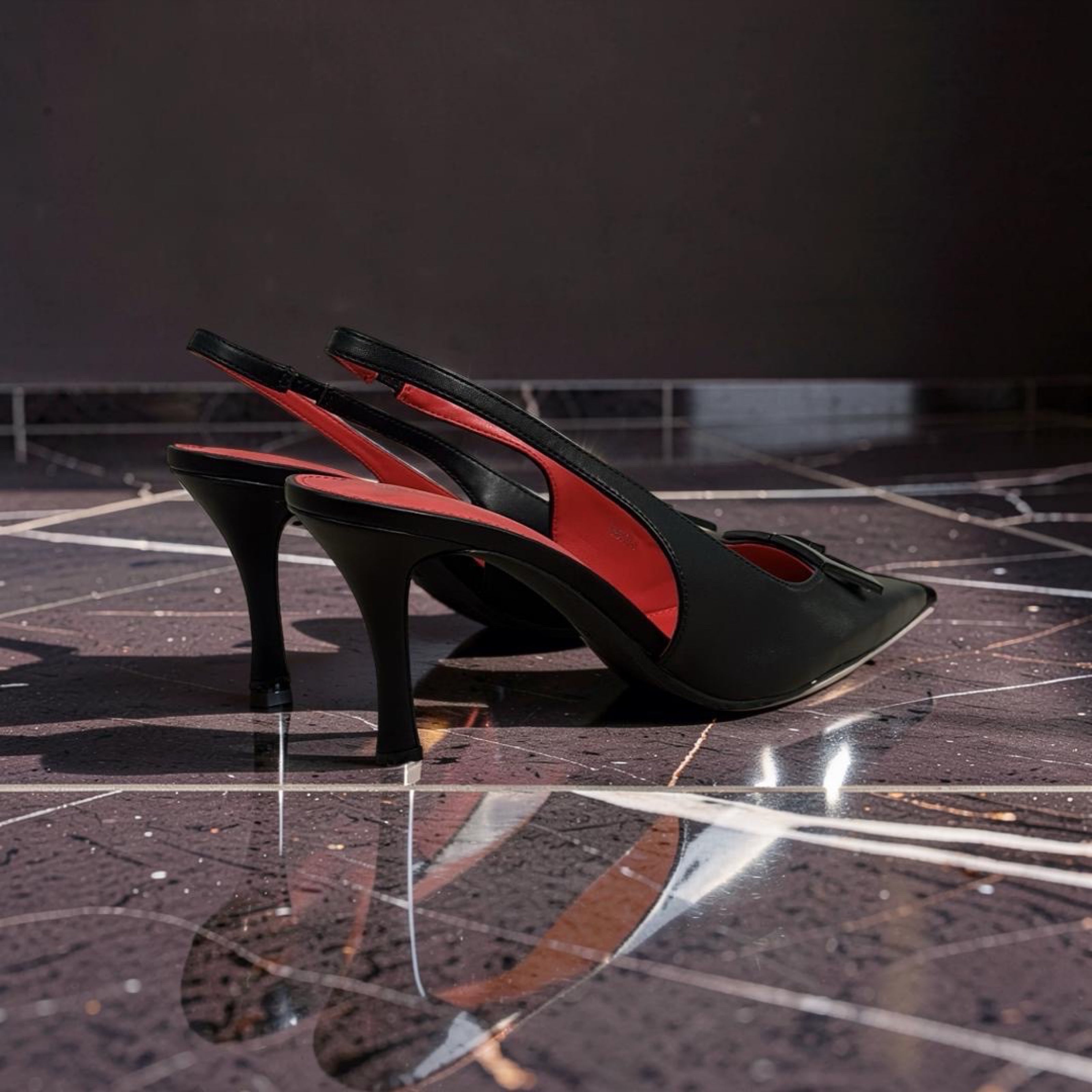 On Feet & in Love Patent Leather Pointed Toe Slingback Heels in Black