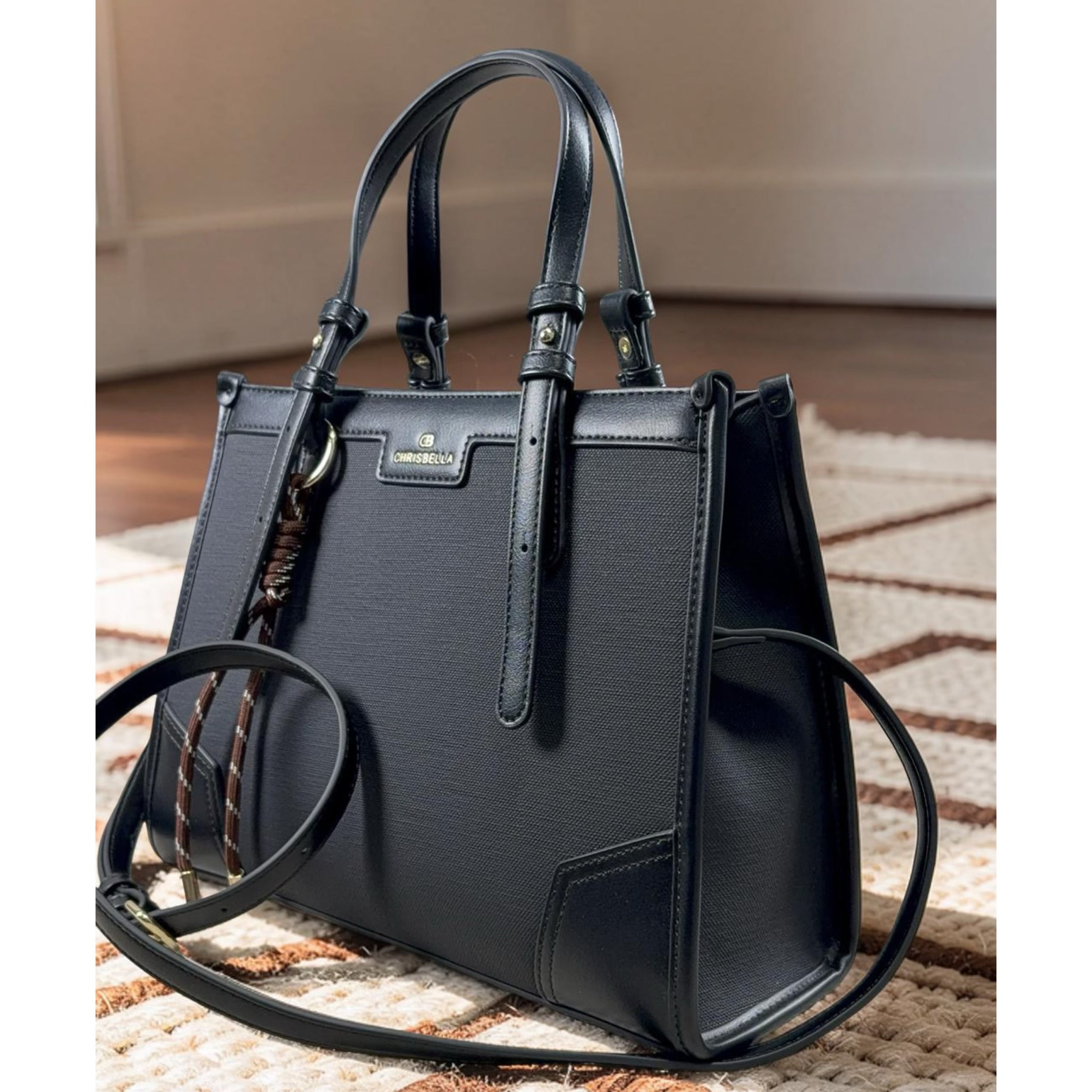 Chrisbella Double Top Handle Leather Tapping Bag in Black