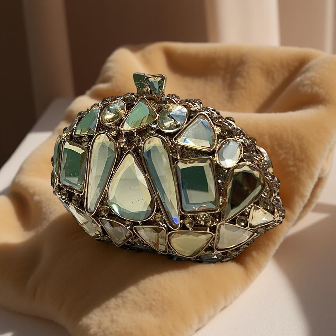 Valencia Structured Clutch Party Purse with Stones in Gold