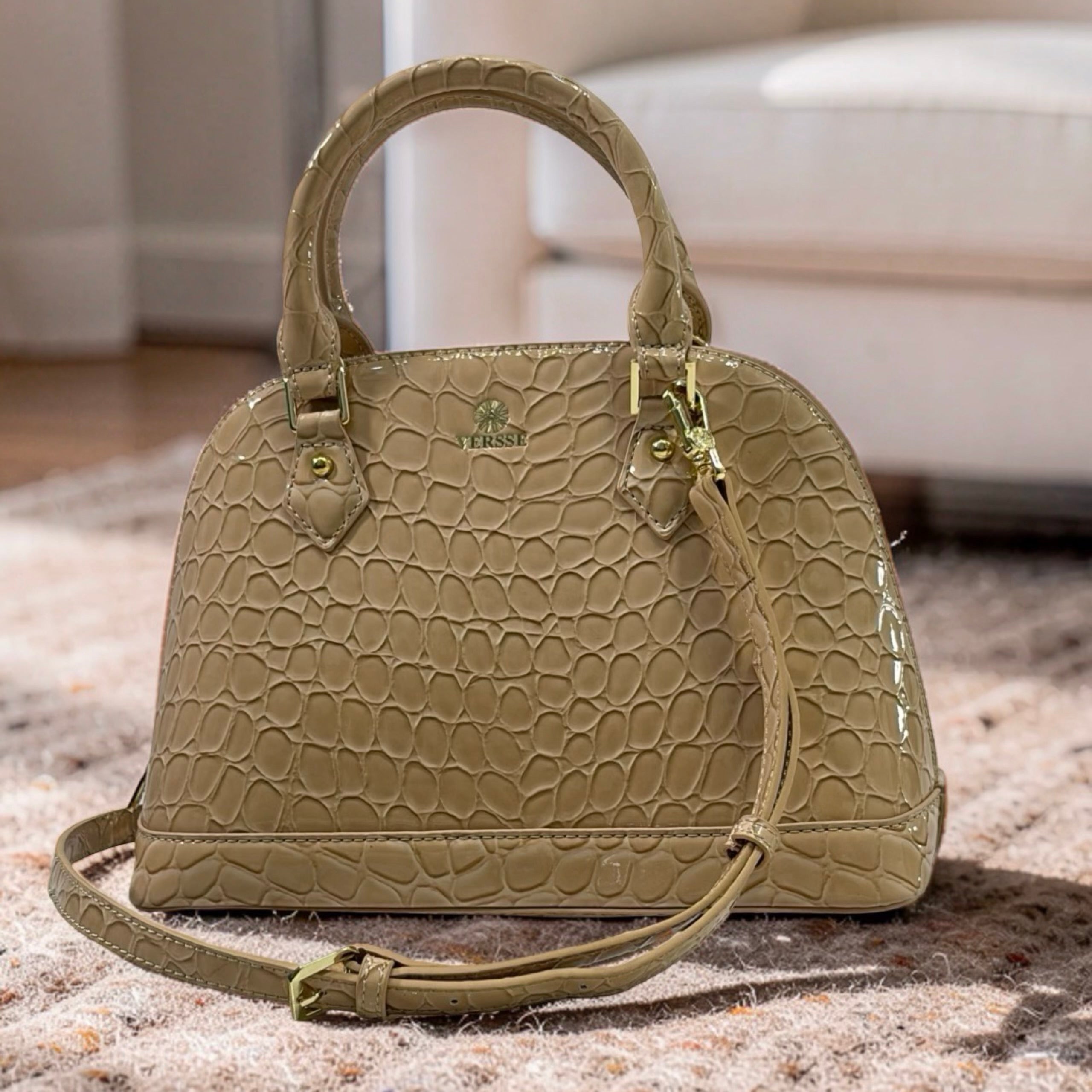 Versse Faux Croc Patent Leather Bag in Nude