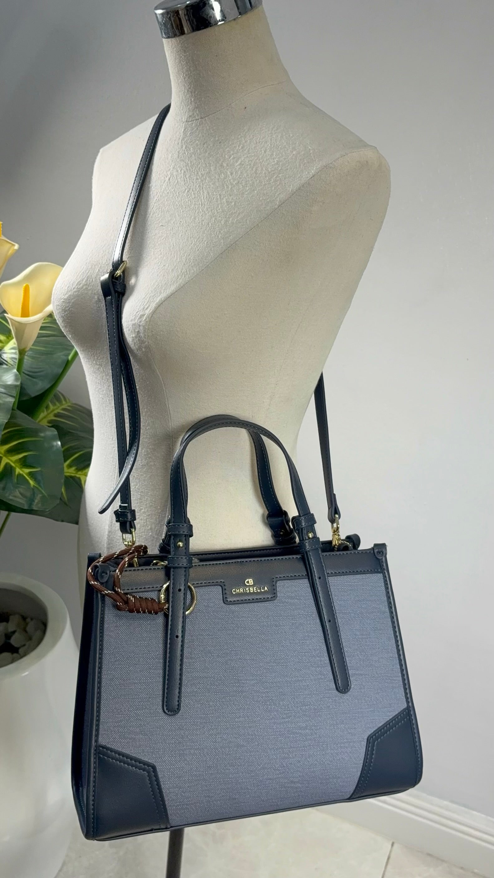 Chrisbella Double Top Handle Leather Tapping Bag in Navy