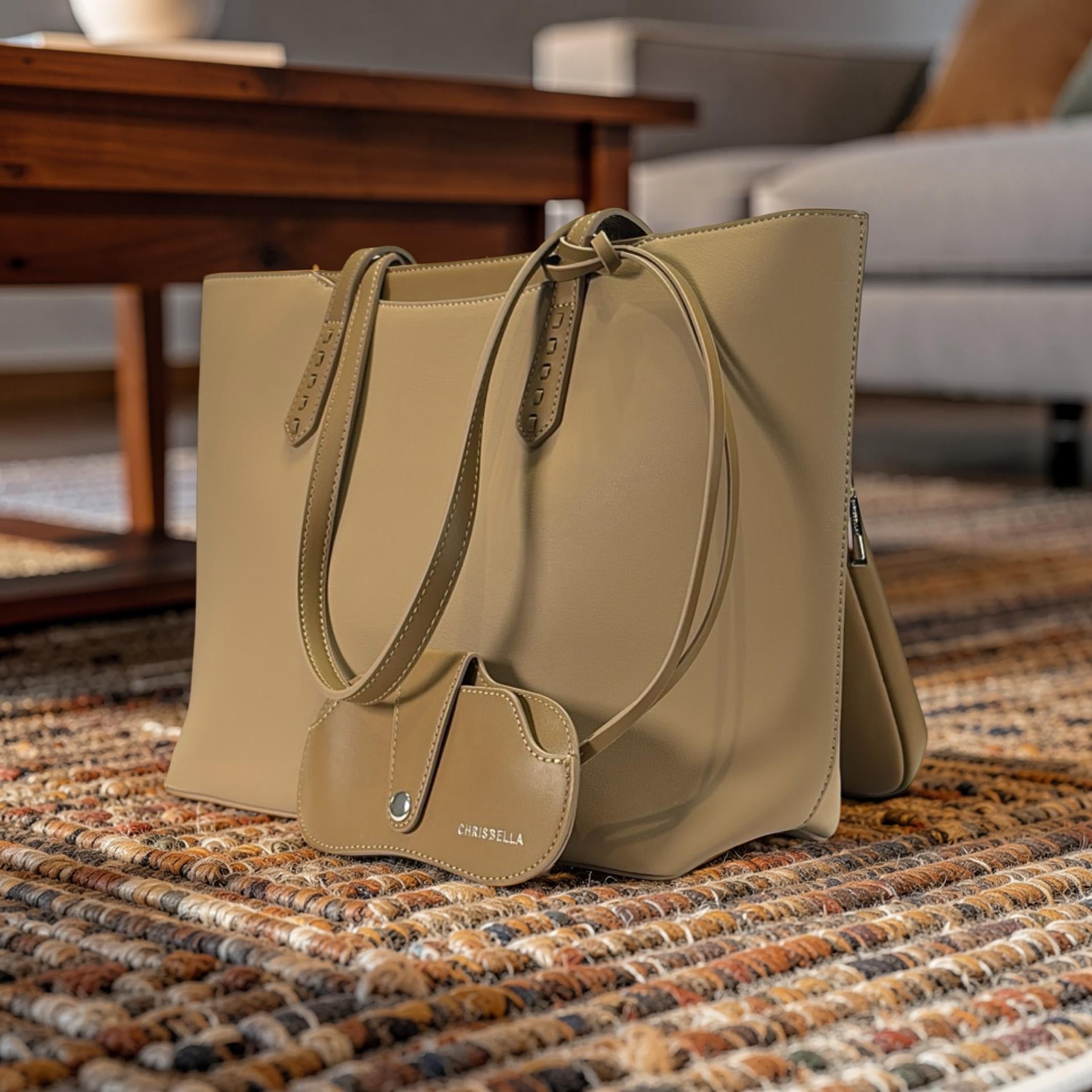 Chrisbella Large Leather Sunglasses Charm Detail Bag in Beige