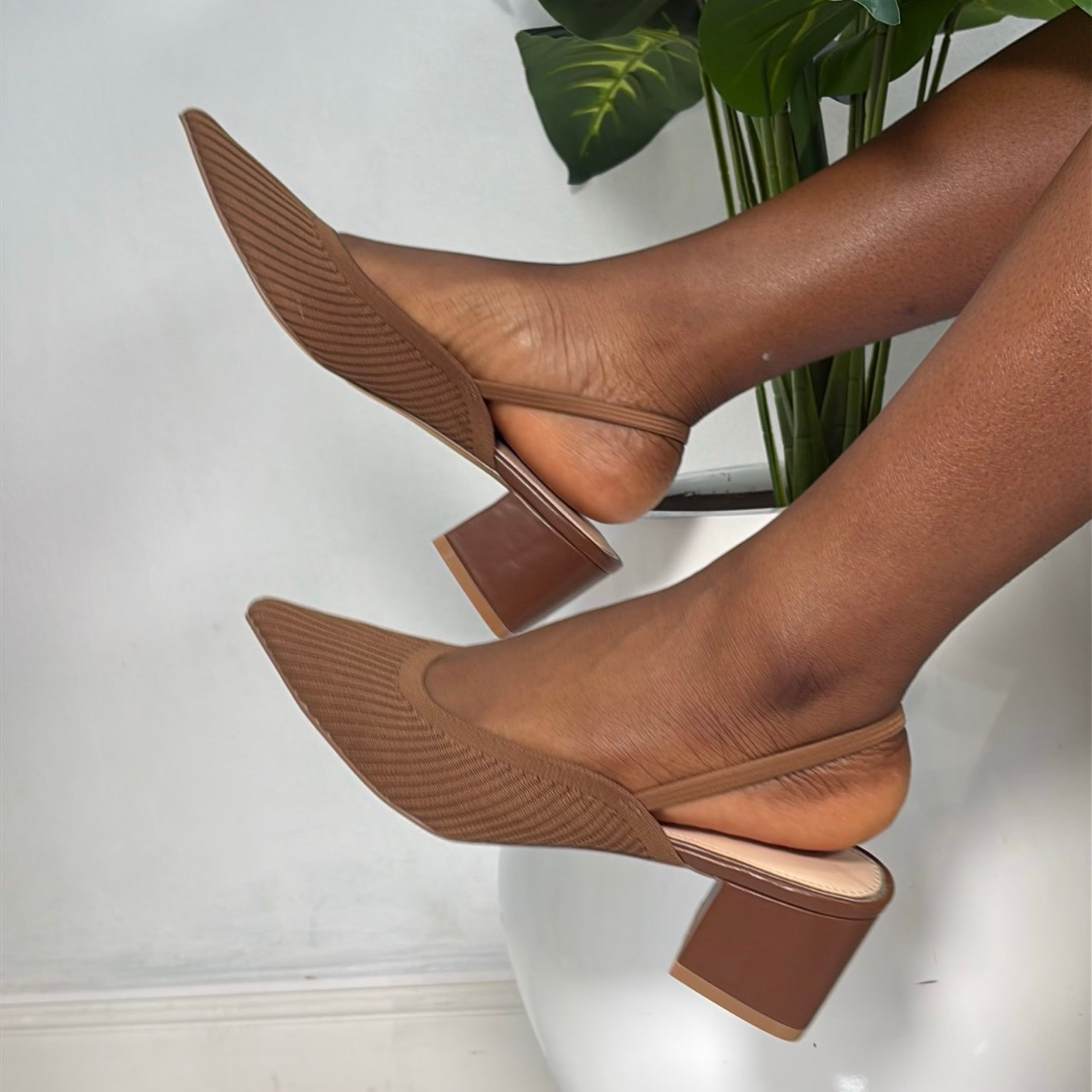 Milano Elastic Slingback Block Heel Shoes in Brown