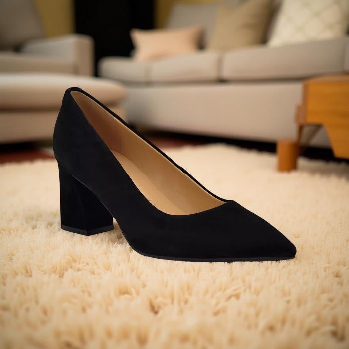 Nine West Suede Pointed Toe Block Heel Pump in Black