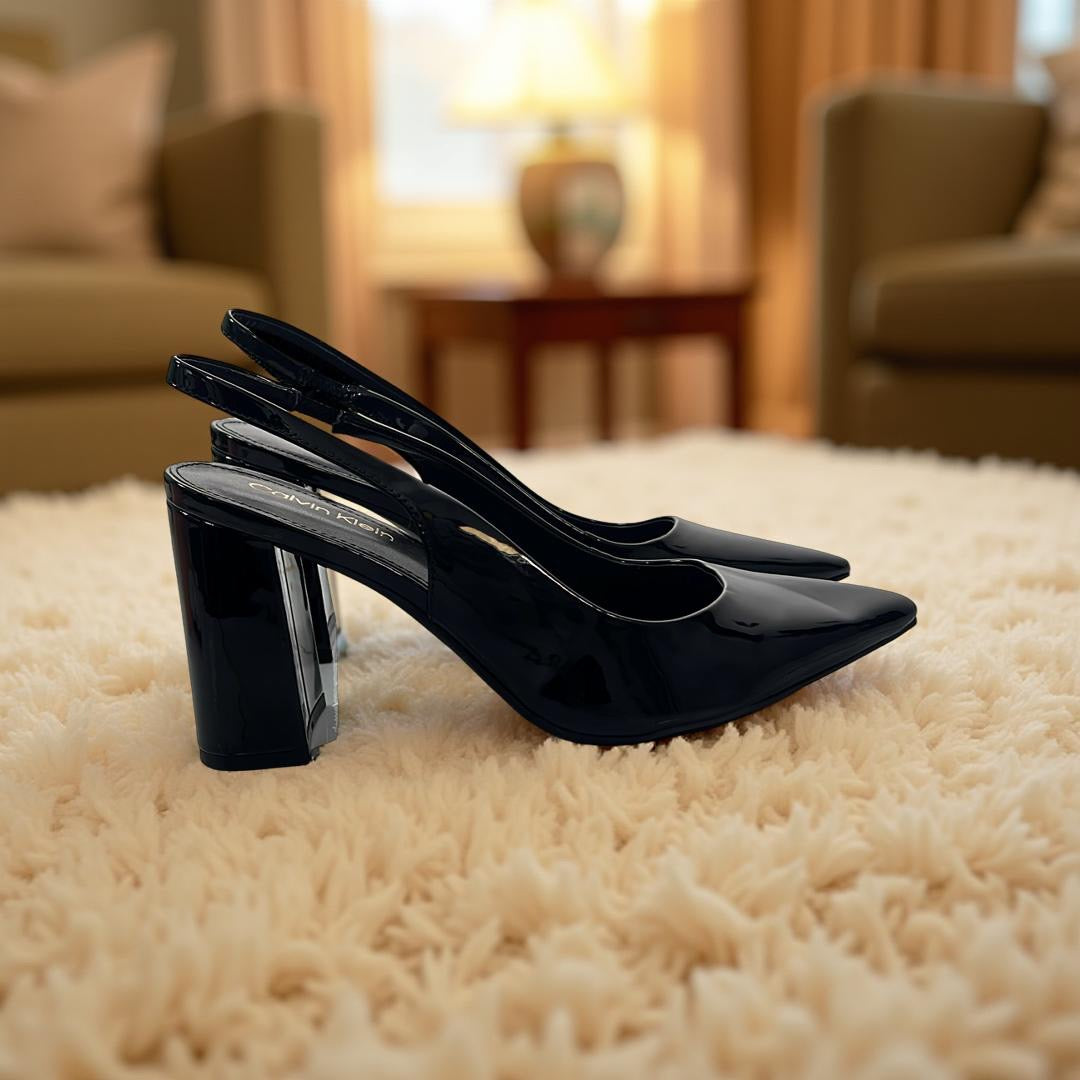 Calvin Klein Patent Leather Pointed Toe Block Heel Slingbacks in Black