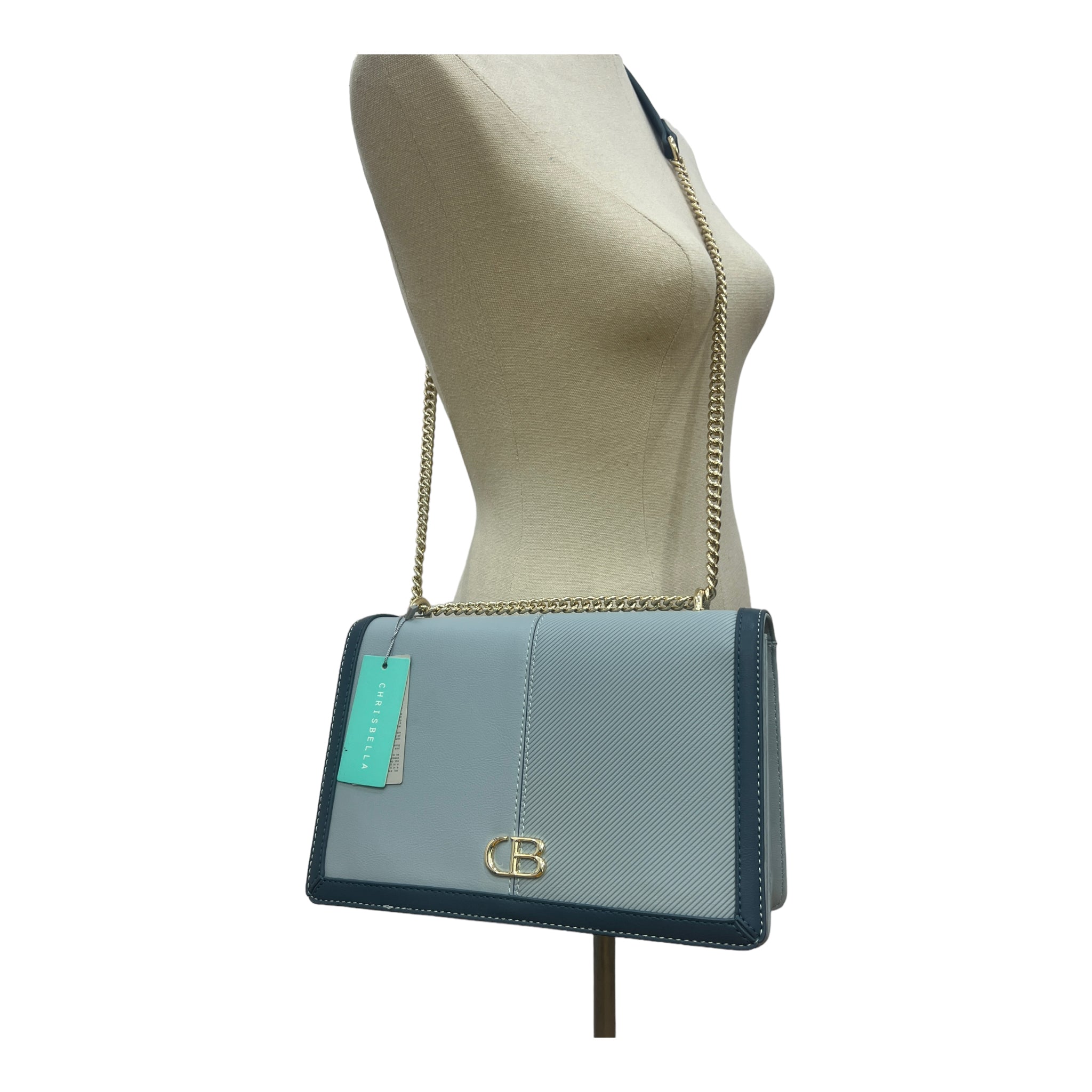 CHRISBELLA CB LOGO STRUCTURED FULL FRONTAL FLAP BAG IN BLUE