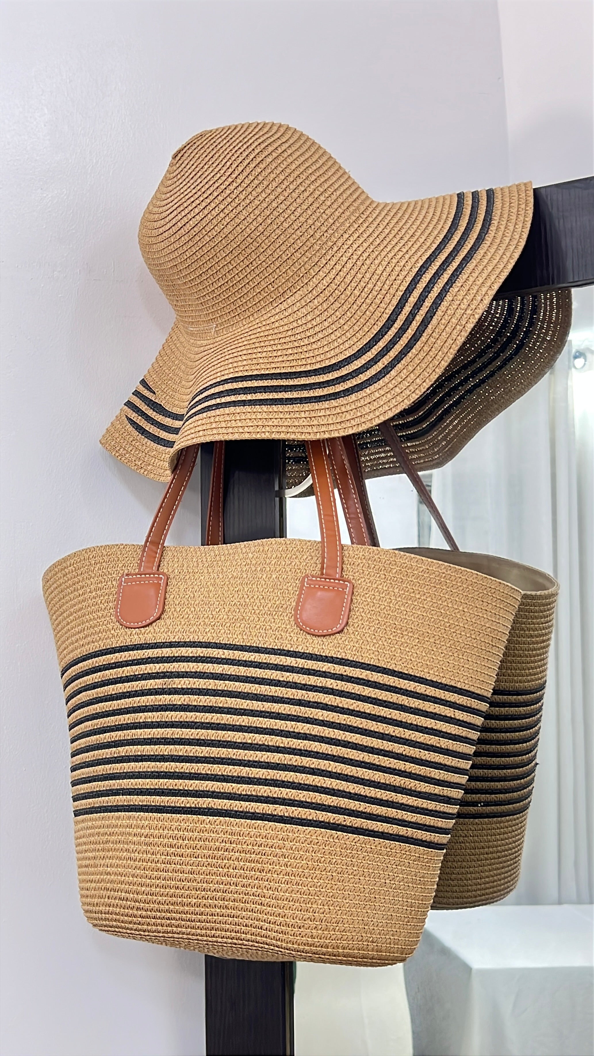 Beach Bag with Matching Hat in Brown