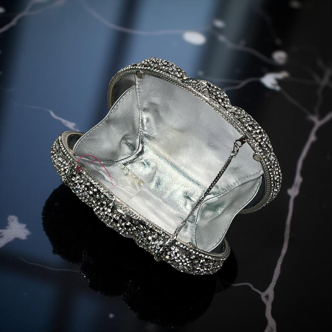 Seoul Spiral Detail Design Clutch Party Purse with Stones in Silver