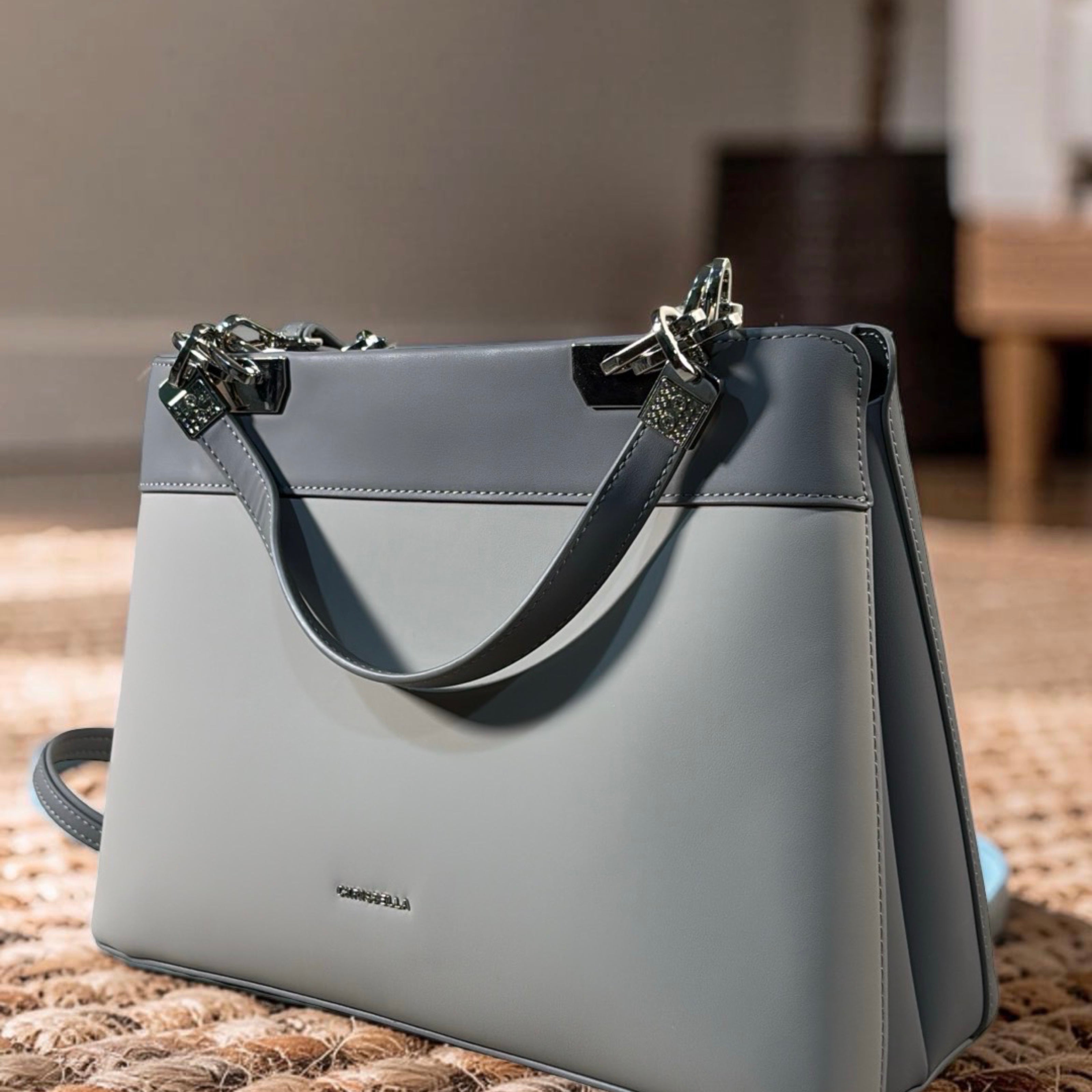 Chrisbella Metal Detail Double Handle 2-in-1 Bag in Grey
