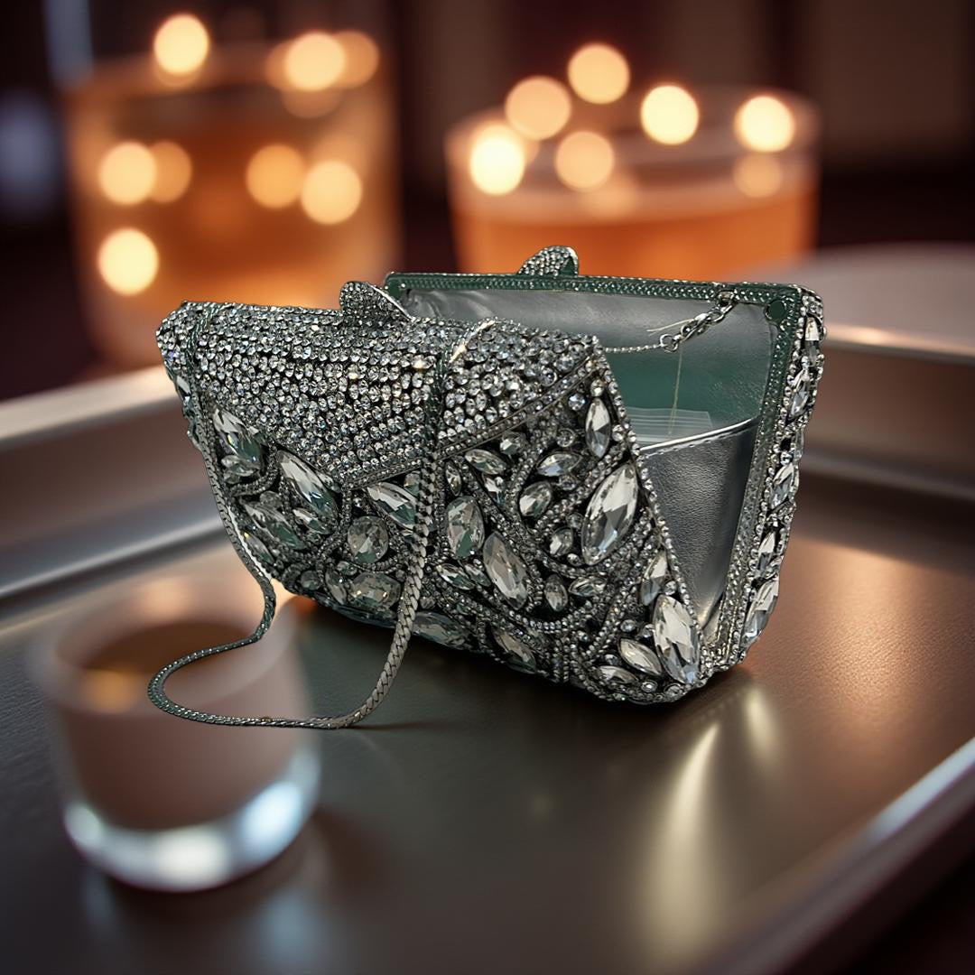 Santiago Structured Clutch Party Purse with Stones in Silver
