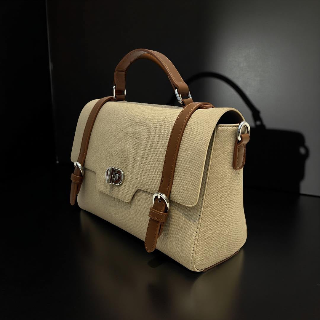 Bagco Leather Strap Top Handle Satchel With Twist-Knob in Beige