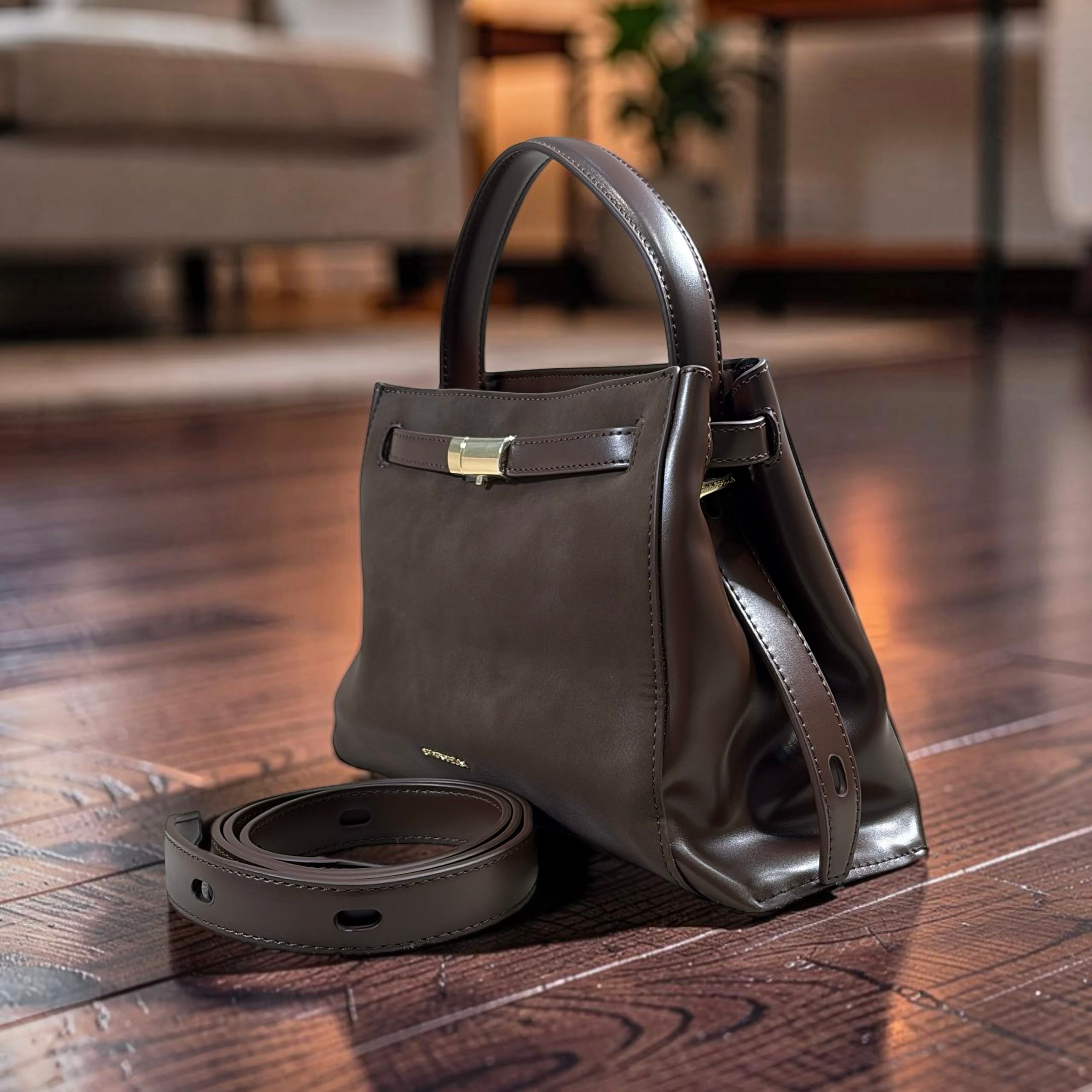 Chrisbella Top Handle Contrast Leather Bag in Coffee
