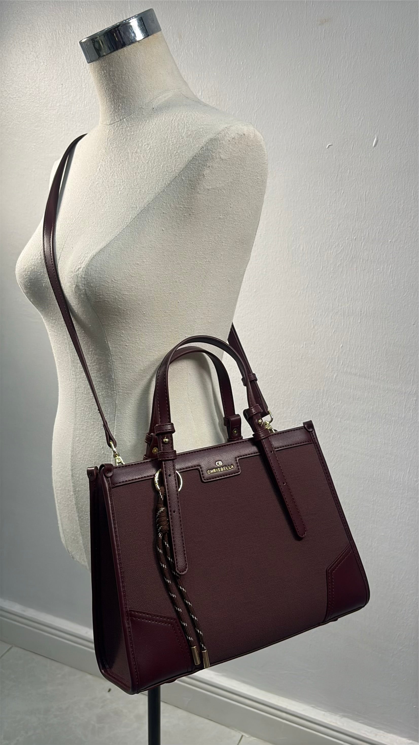 Chrisbella Double Top Handle Leather Tapping Bag in Burgundy