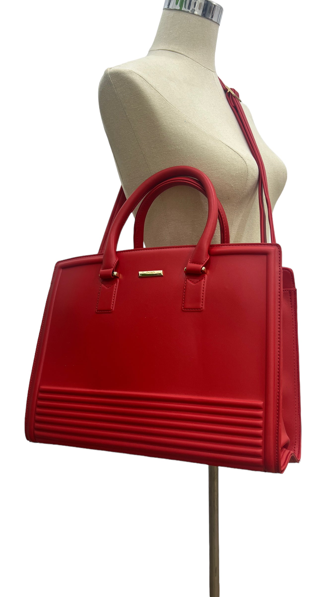 CHRISBELLA RED LARGE DOUBLE HANDLE STRUCTURED BAG