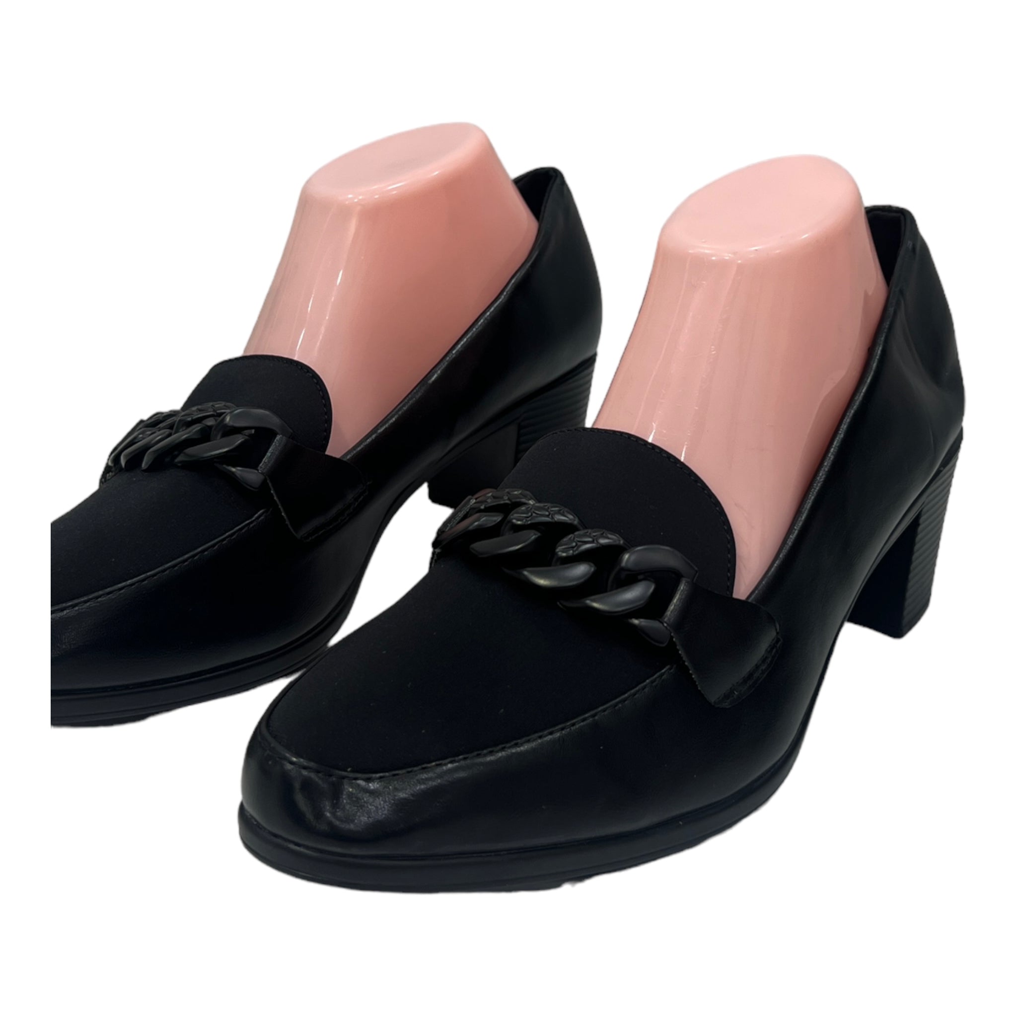 MODA BLACK FAUX CHAIN DETAIL HEELED LOAFERS