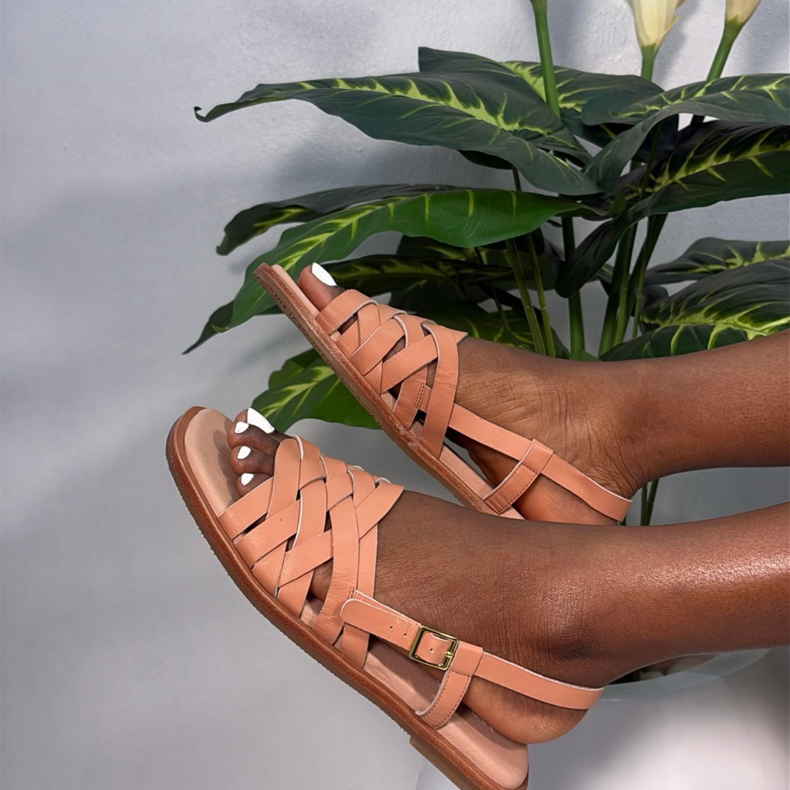 Wyder Studios Woven Strap Flat Sandal in Tan