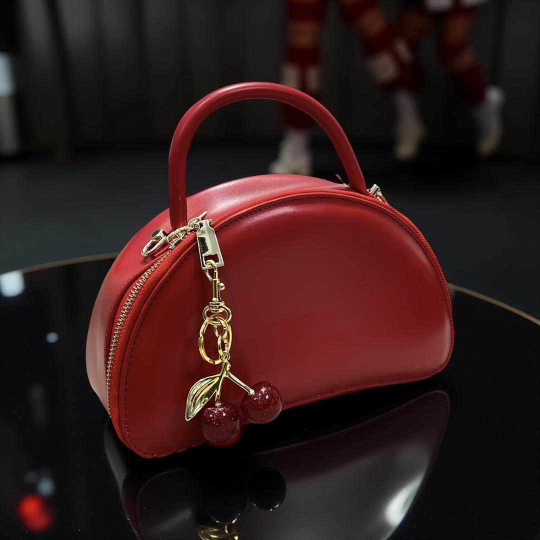 Classic Top Handle Semi-Circle Cherry Charm Mini Bag in Red
