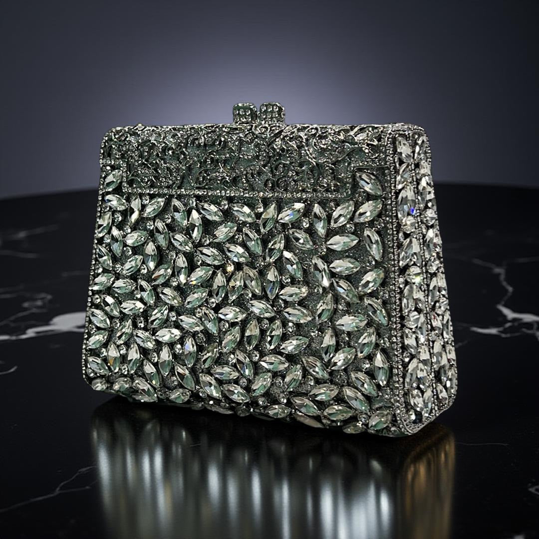 Milan Luxe Clutch Structured Party Purse with Stones in Silver