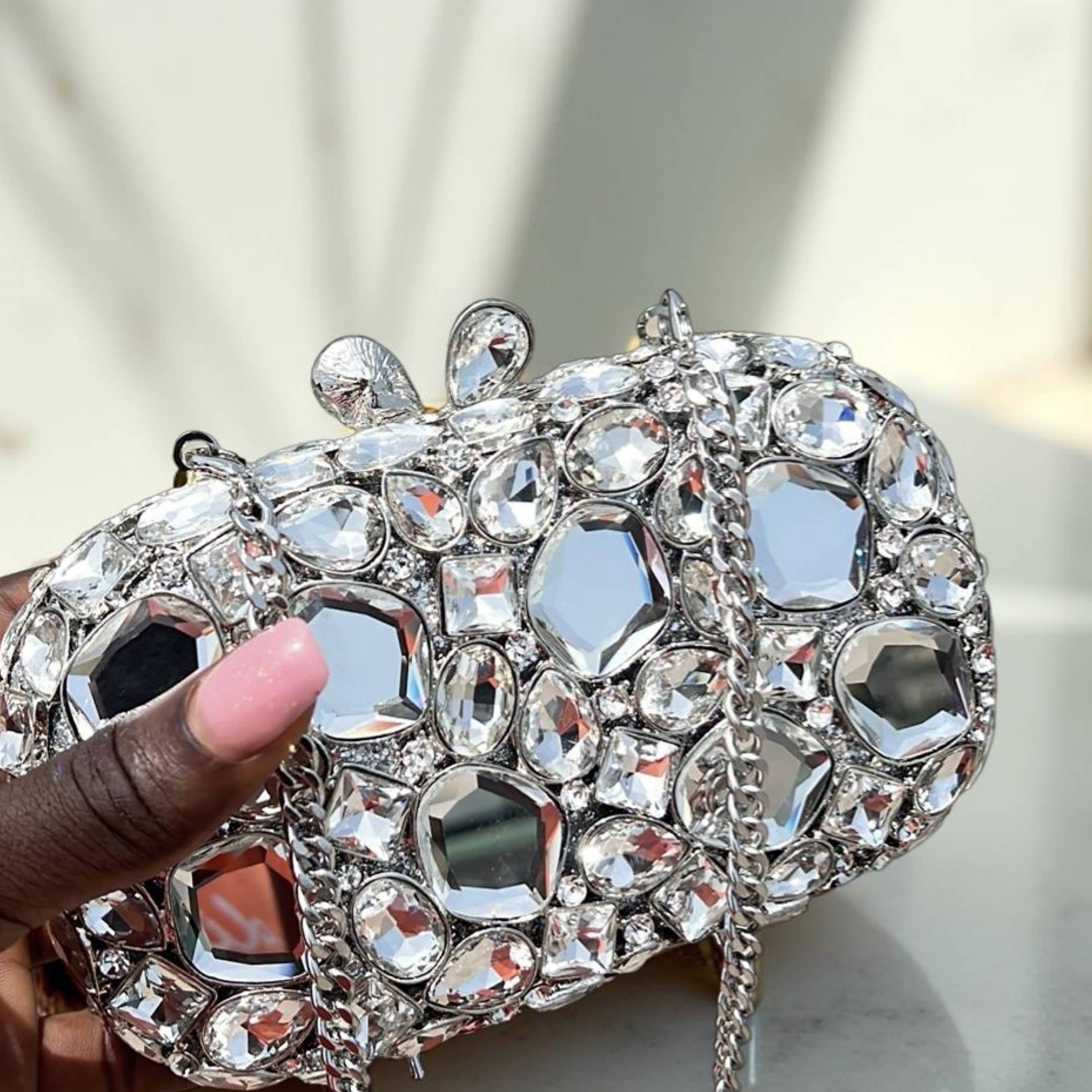 Tulum Sparkle Clutch Silver Rhinestone Evening Bag with Chain Strap