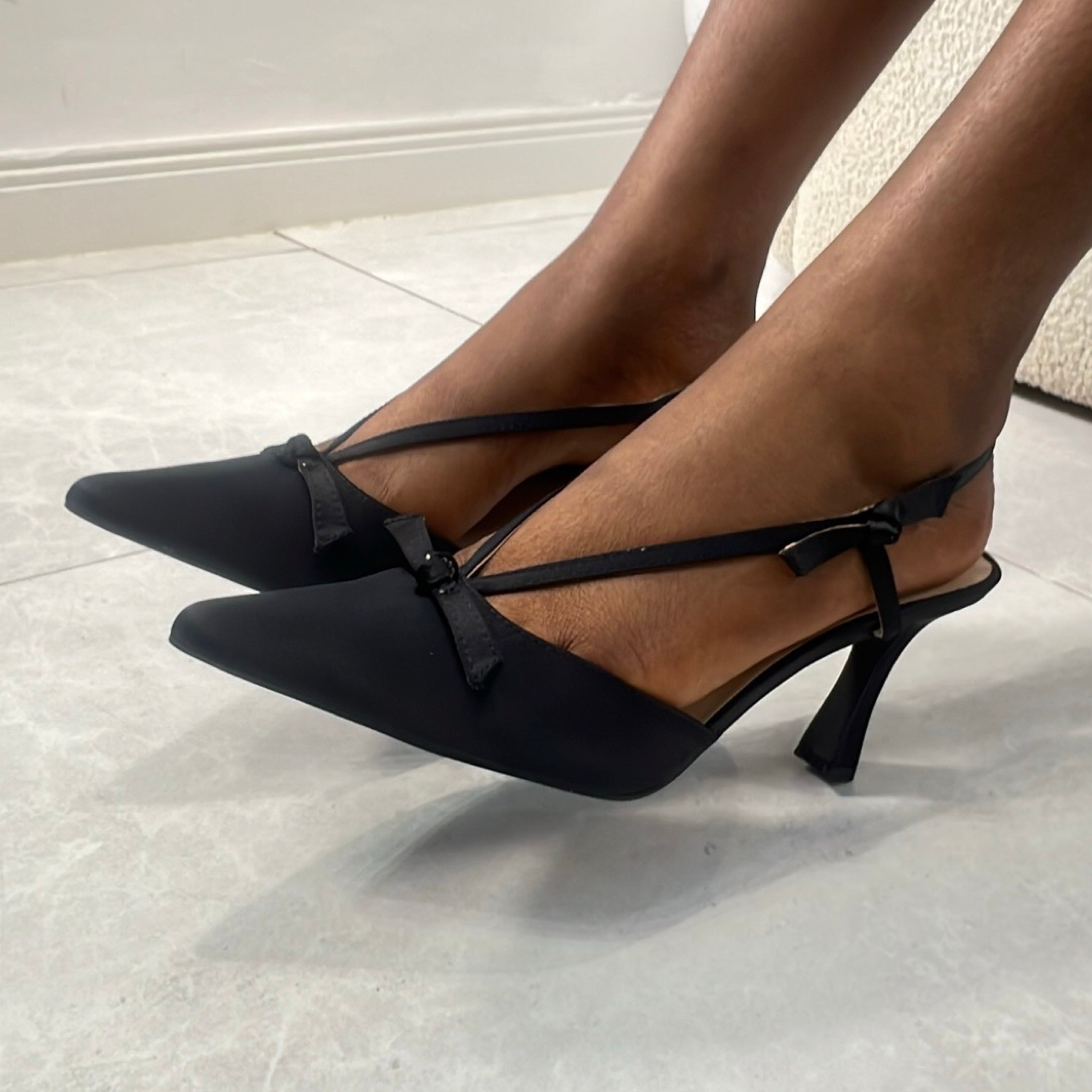 Unisa Satin Pointed Toe Slingback Heels in Black