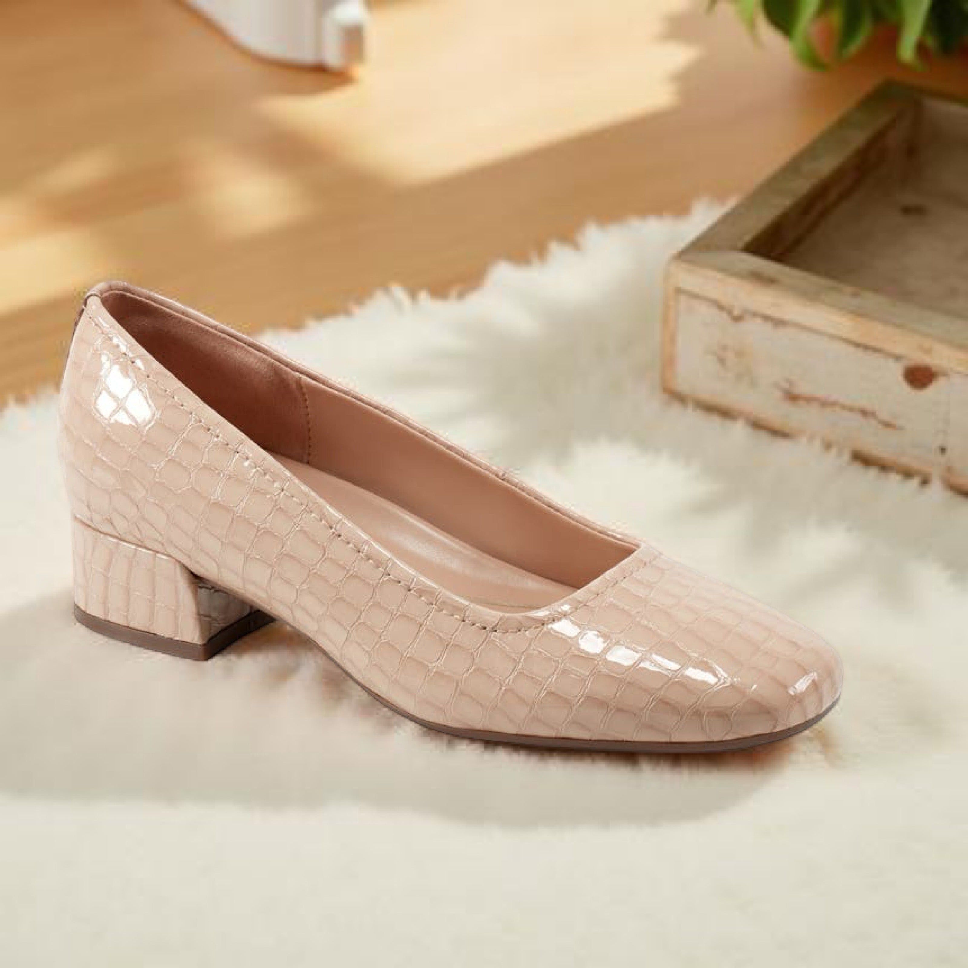 Easy Spirit Faux Croc Block Heel Pump in Beige