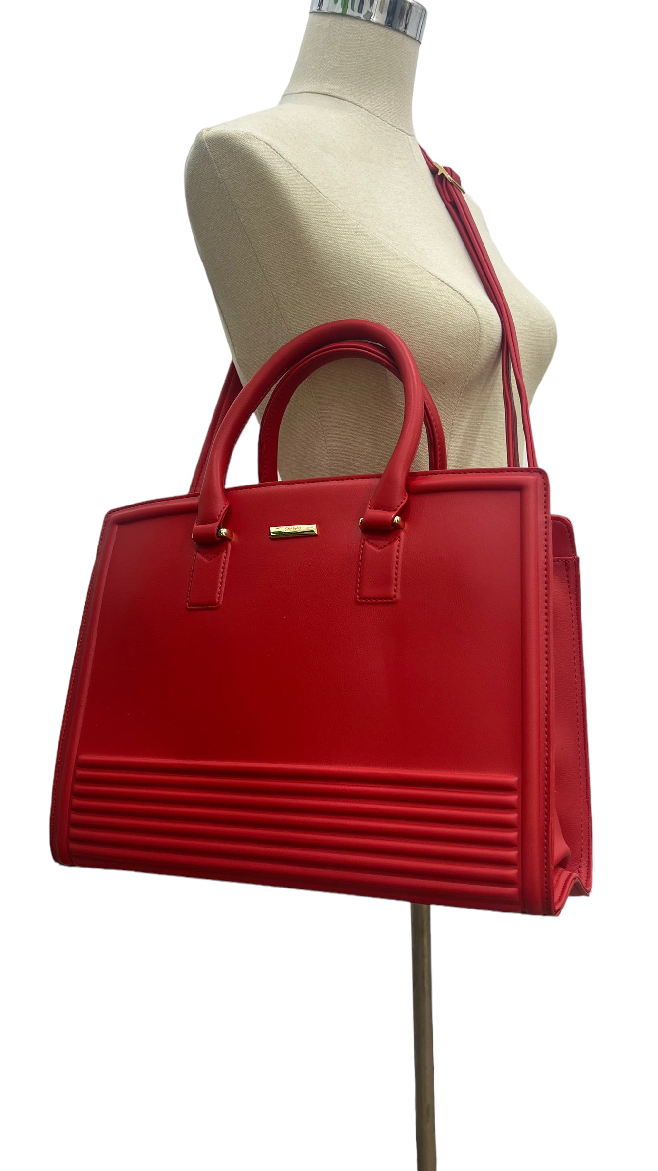 CHRISBELLA RED LARGE DOUBLE HANDLE STRUCTURED BAG