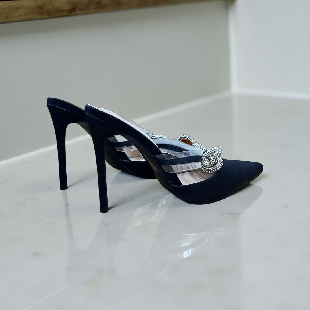 Public Desire Satin Embellished Bow Pointed Toe Mule in Black