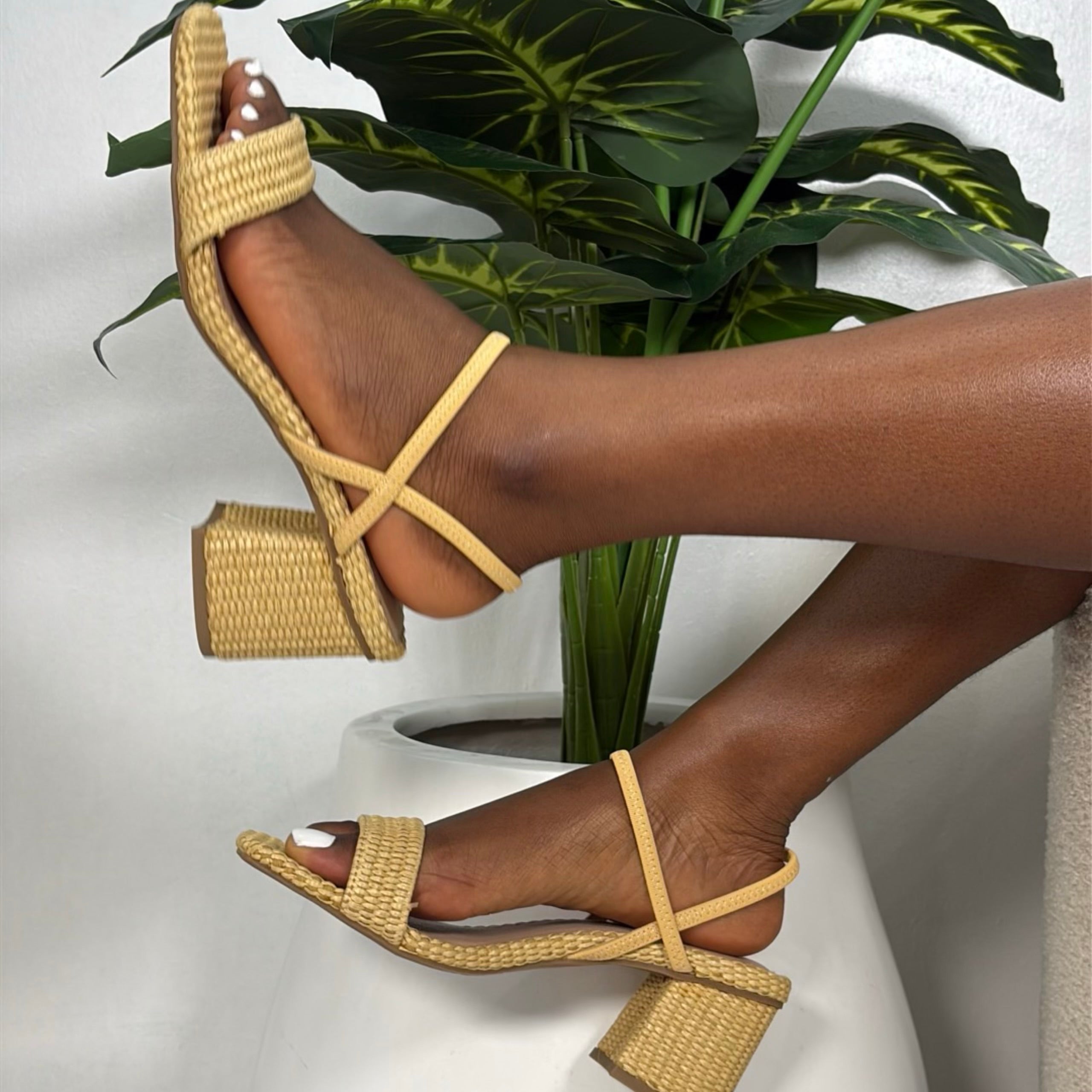 Mia Faux Rattan Block Heel Sandal is Buttercream