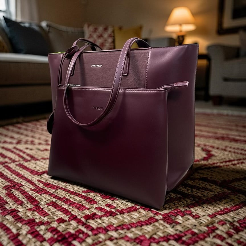 Chrisbella Two-Tone Large Tote in Burgundy