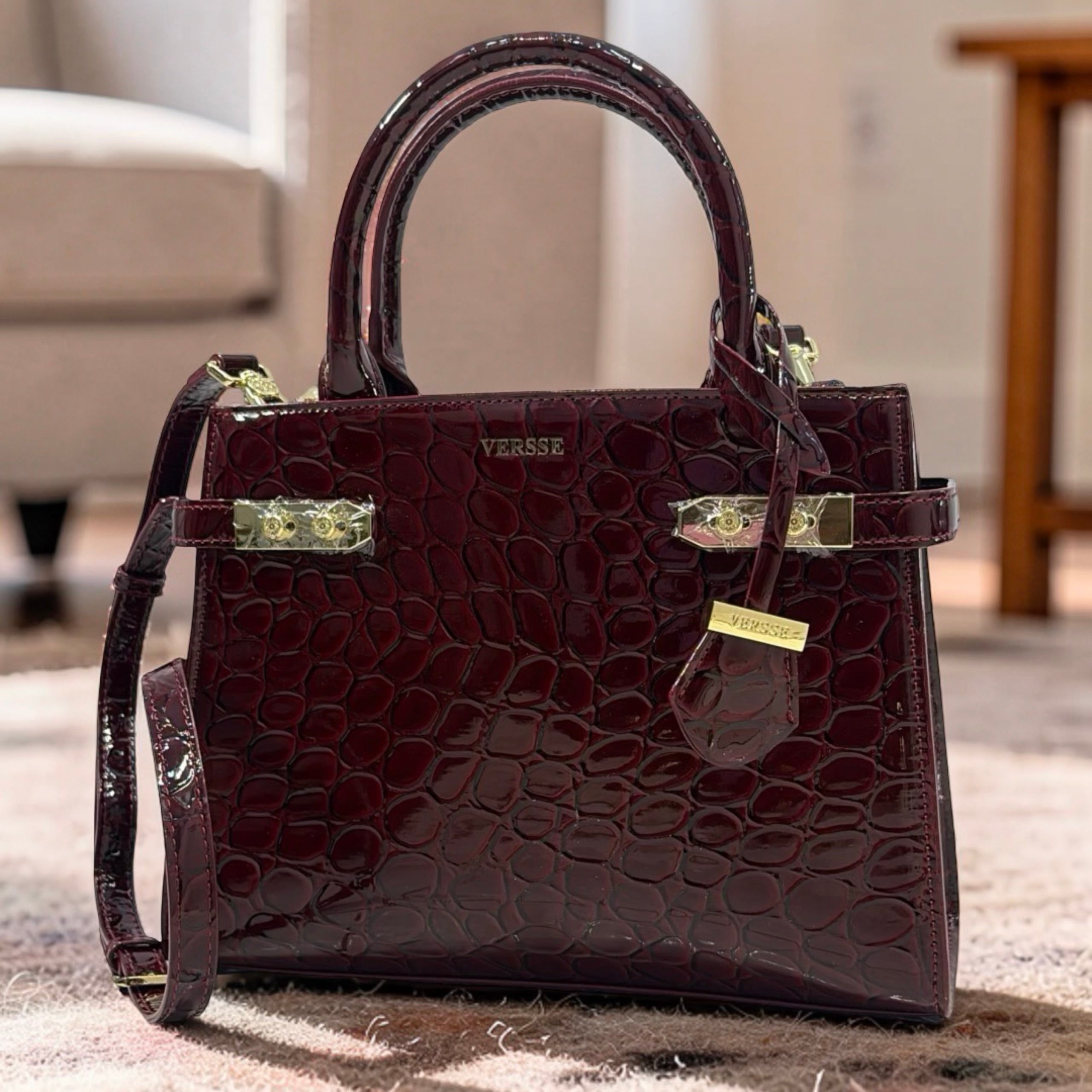 Versse Structured Leather Faux Croc Skin Bag in Burgundy
