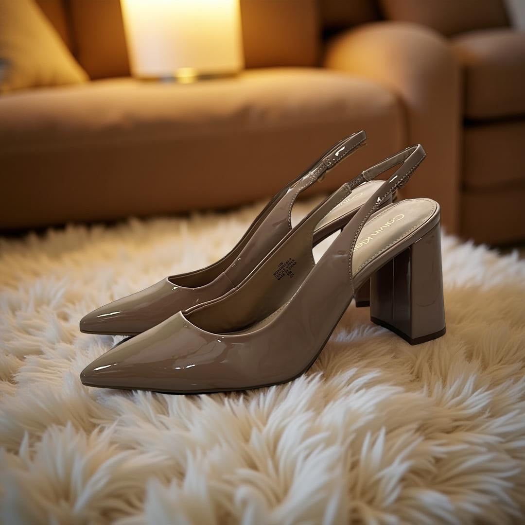 Calvin Klein Patent Leather Pointed Toe Block Heel Slingbacks in Nude