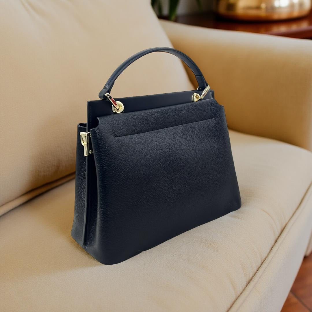 Versse Top Handle Textured Leather Bag in Black