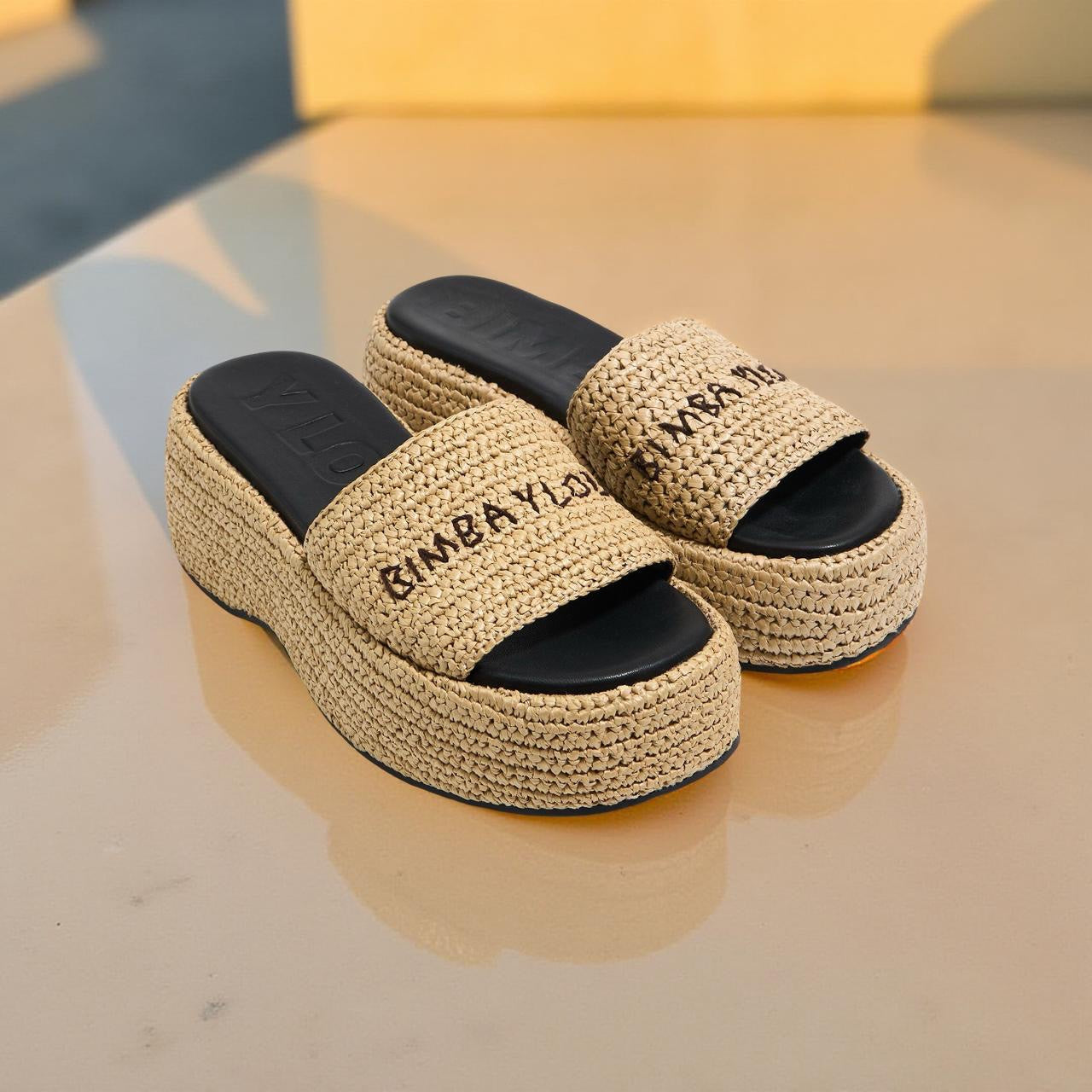 Bimba Y Lola Raffia Flatform Slide in Natural