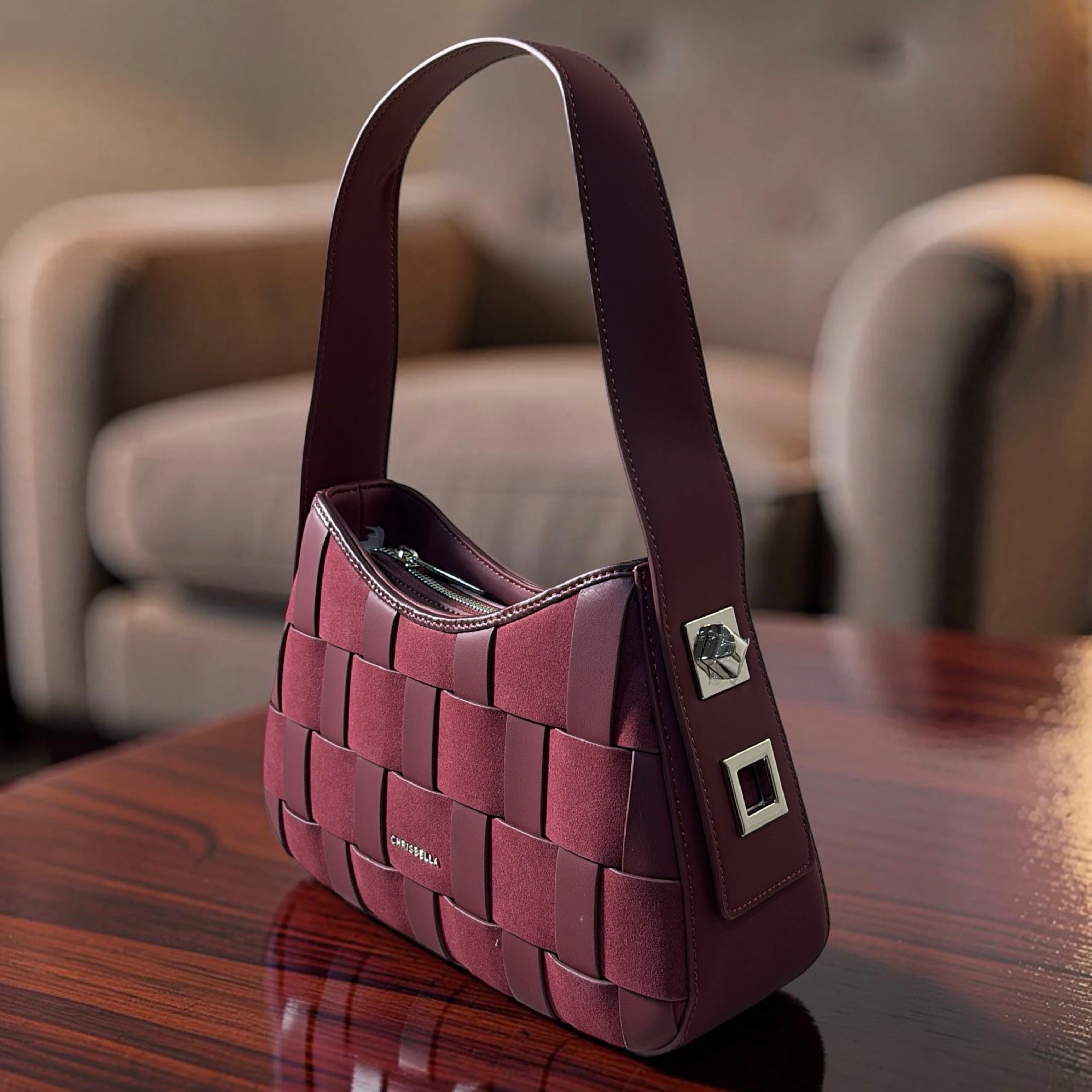 Chrisbella Mat Deisgn Single Strap Shoulder Bag in Wine
