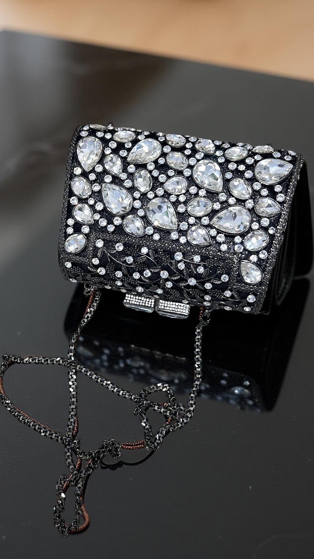 Milan Luxe Clutch Structured Party Purse with Stones in Black
