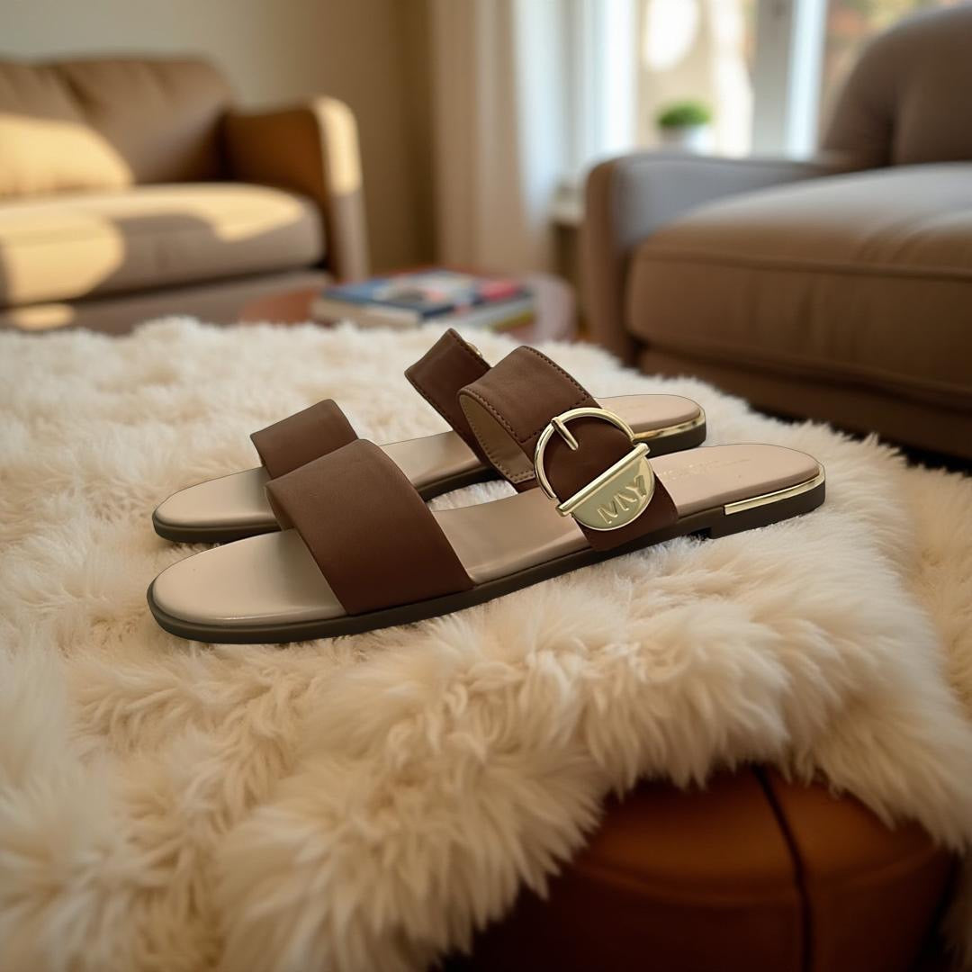 Andrew Marc Double Strap Buckle Detail Slippers in Brown