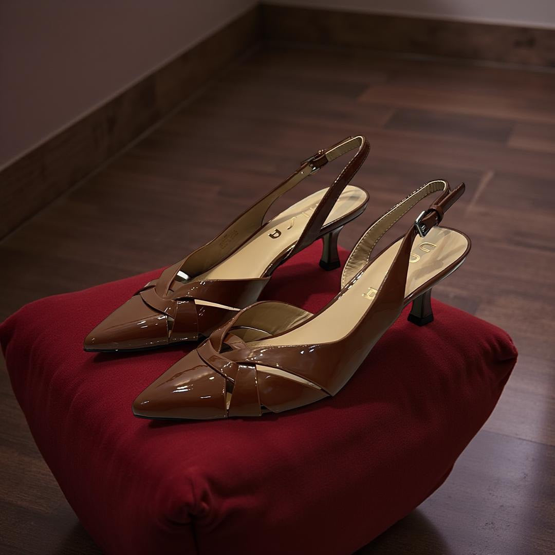 Unisa Patent Leather Pointed Toe Slingback Kitten Heels in Cognac