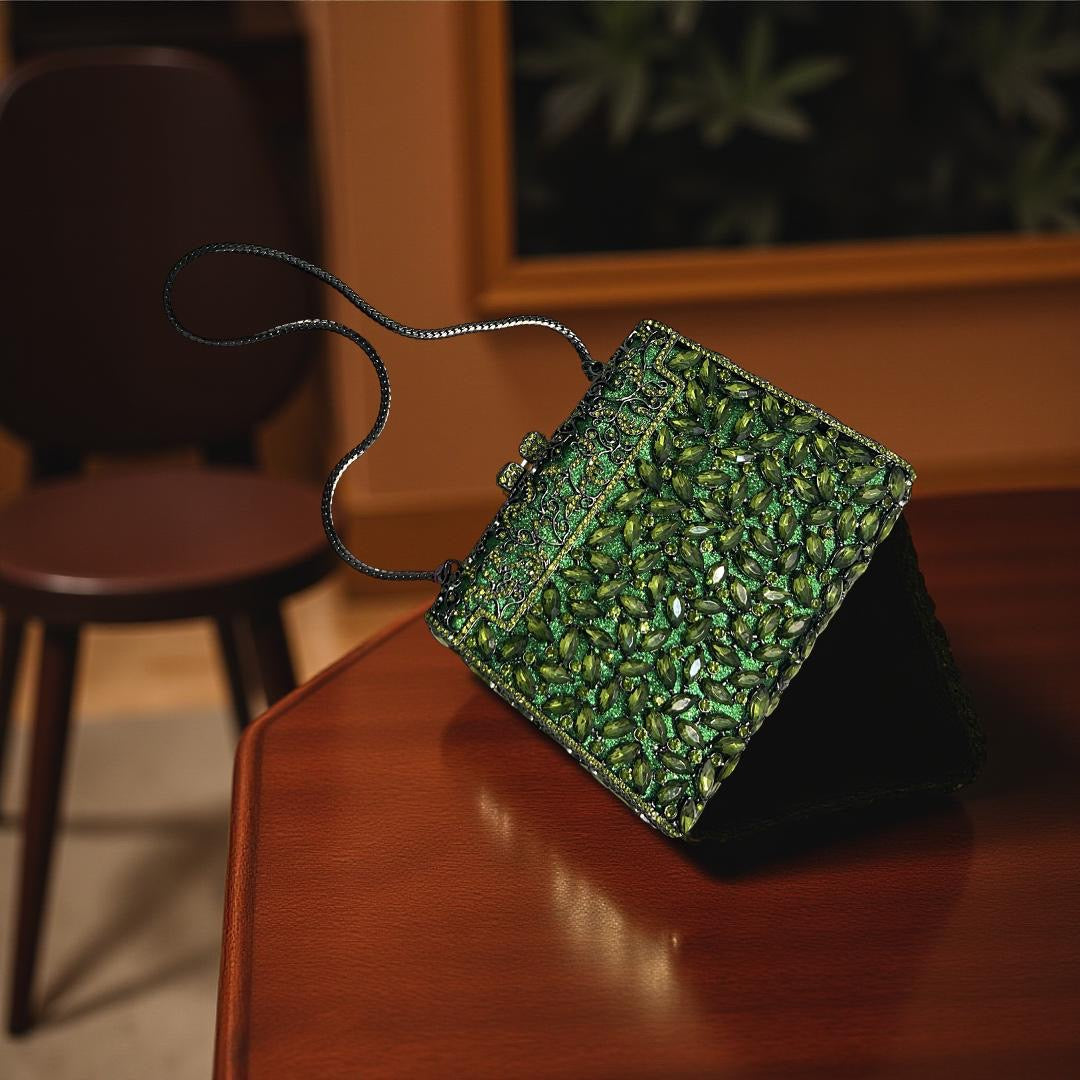 Milan Luxe Clutch Structured Party Purse with Stones in Pear Green