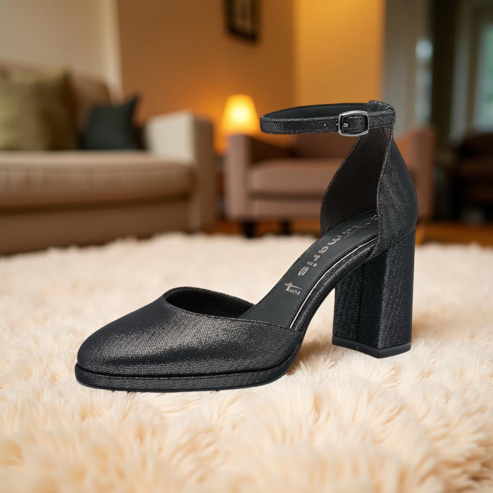 Tamaris Silver Shimmer Almond Toe D'orsay Block Heel Pump in Black