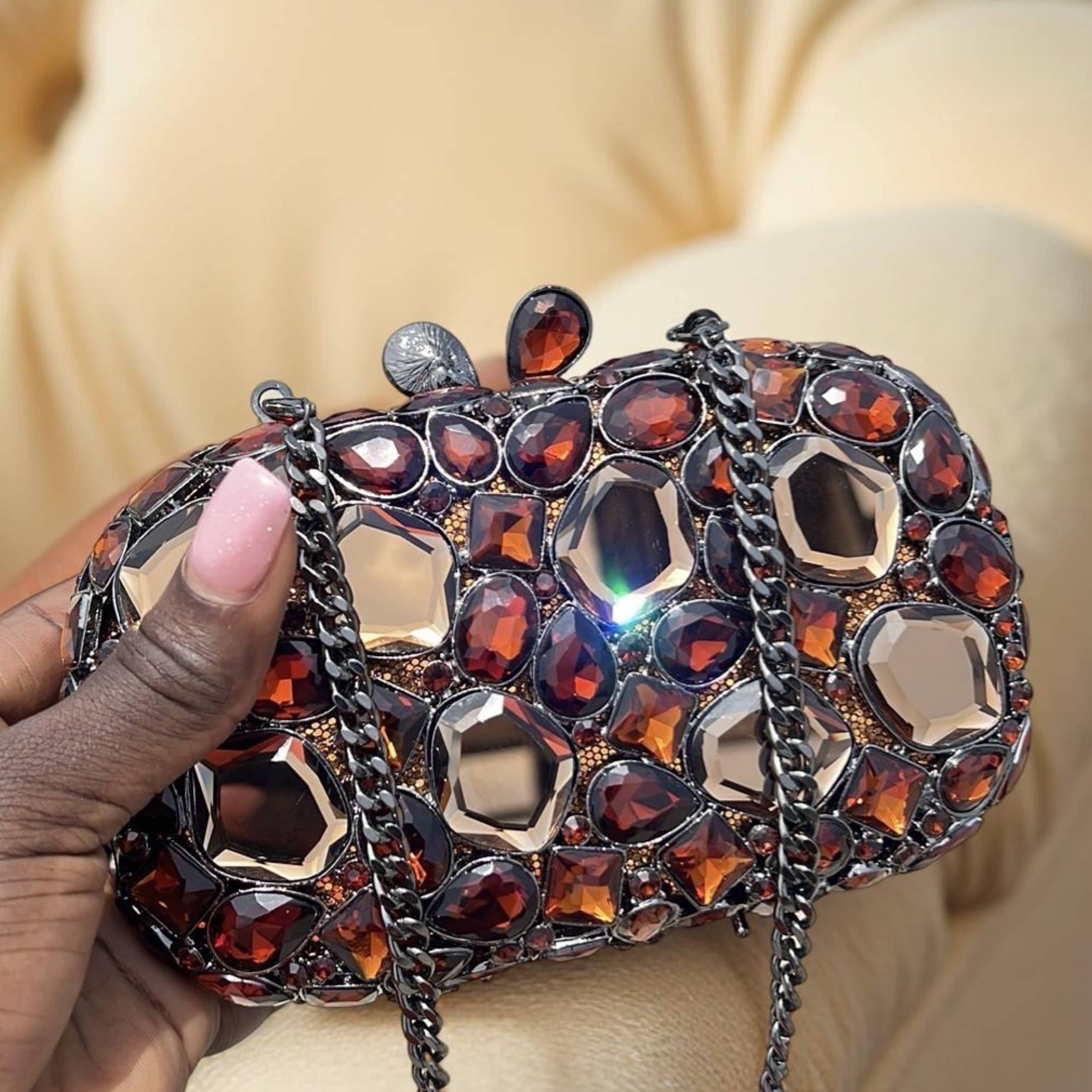 Tulum Sparkle Clutch Bronze Rhinestone Evening Bag with Chain Strap