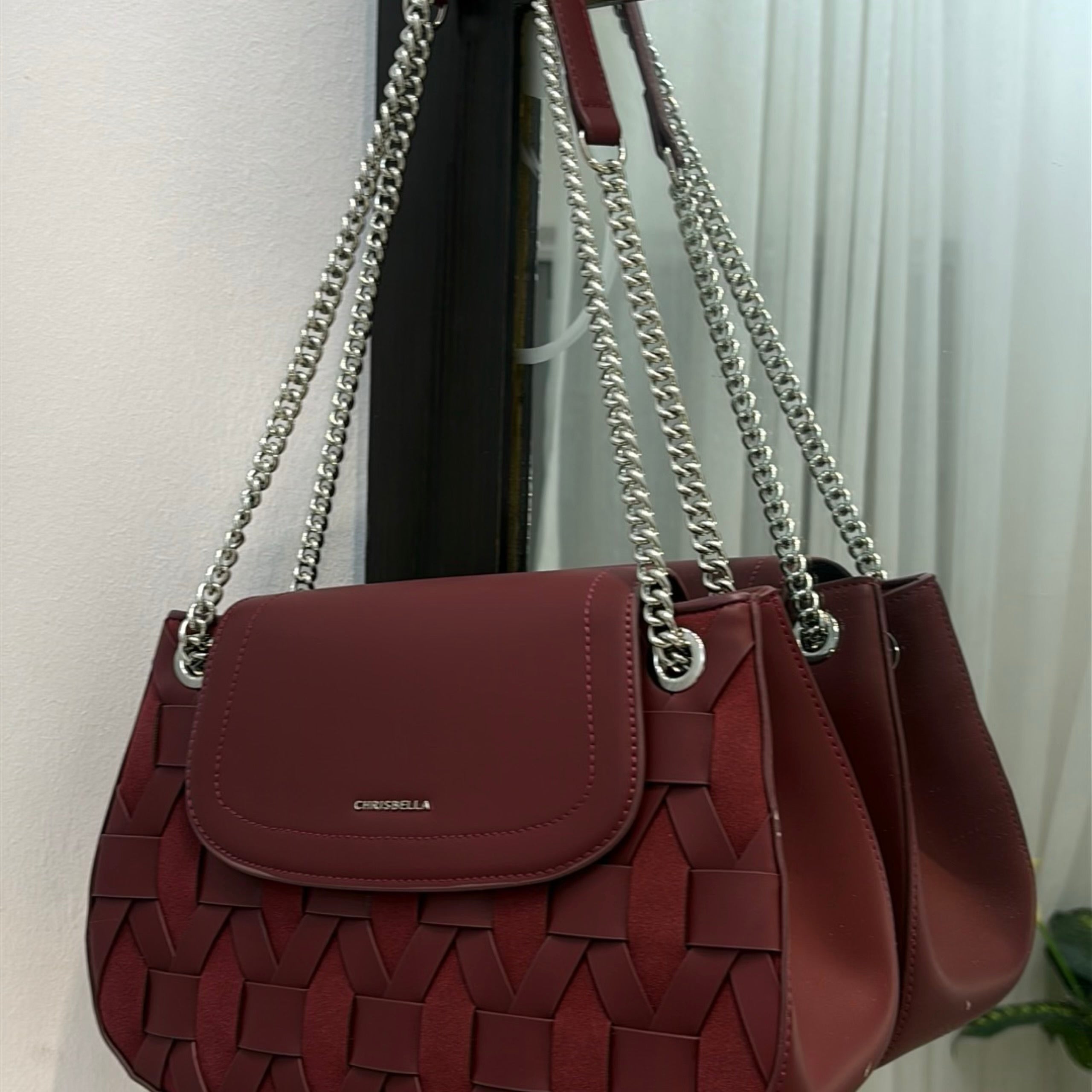Chrisbella Woven Detail Chain Handle Sling bag in Burgundy