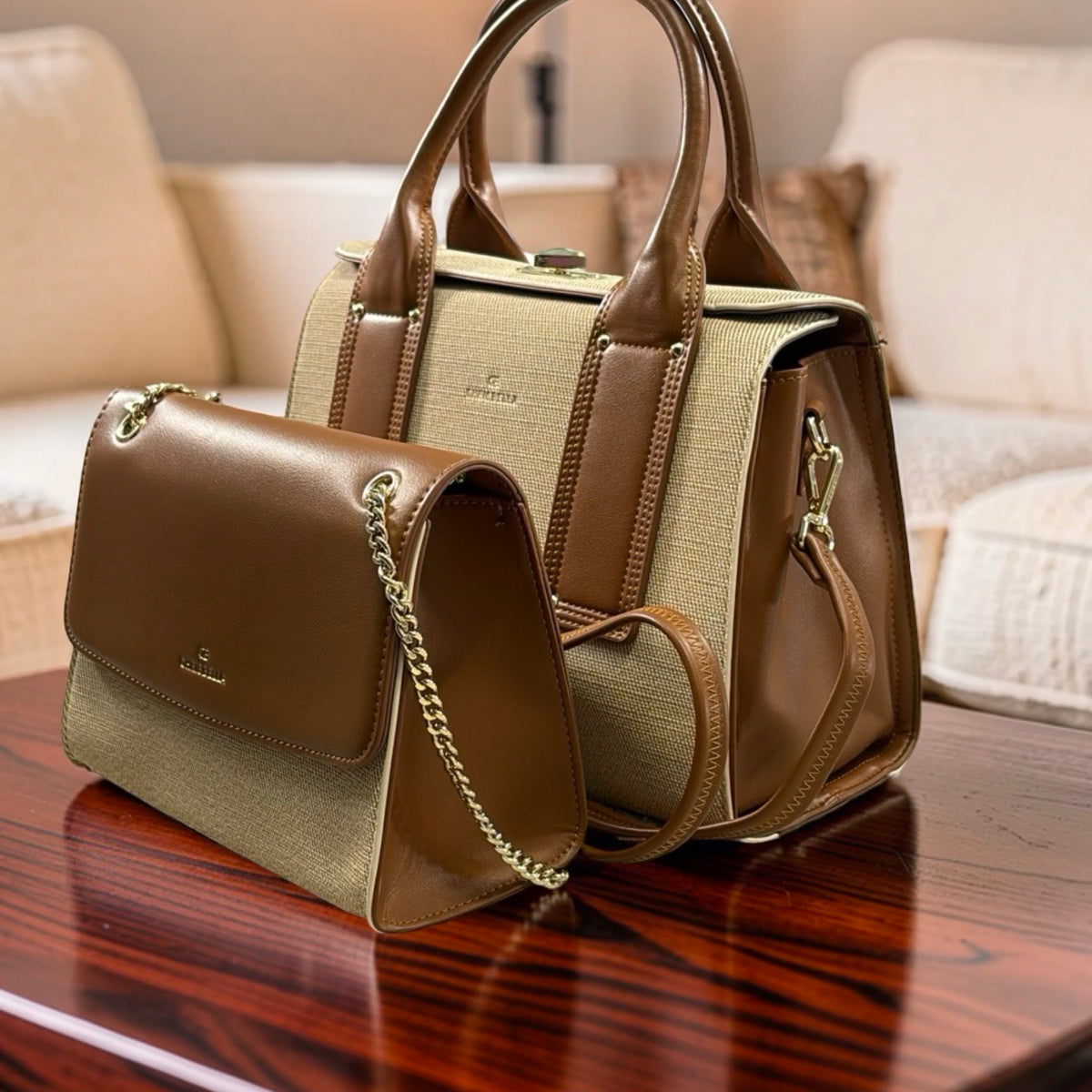 Chrisbella Textured Two-in-One Bag in Beige