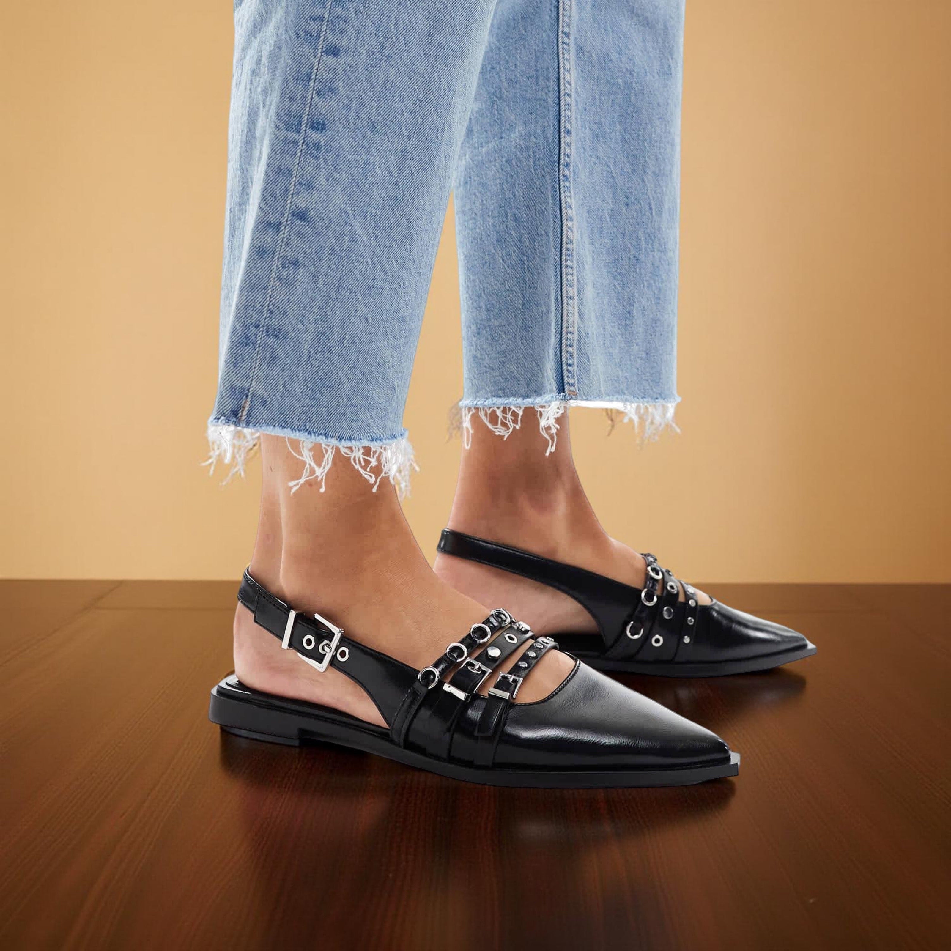 Stradivarius Buckle Detail Slingback Flats in Black