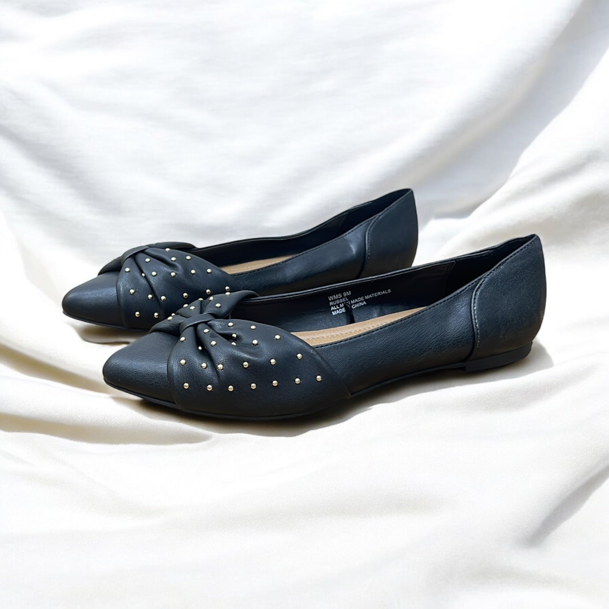 REPORT STUDDED BOW DETAIL POINTED TOE FLAT SHOES BLACK