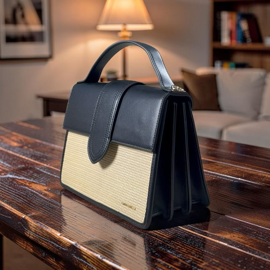 Chrisbella Top Handle Flap Two-Tone Bag in Black