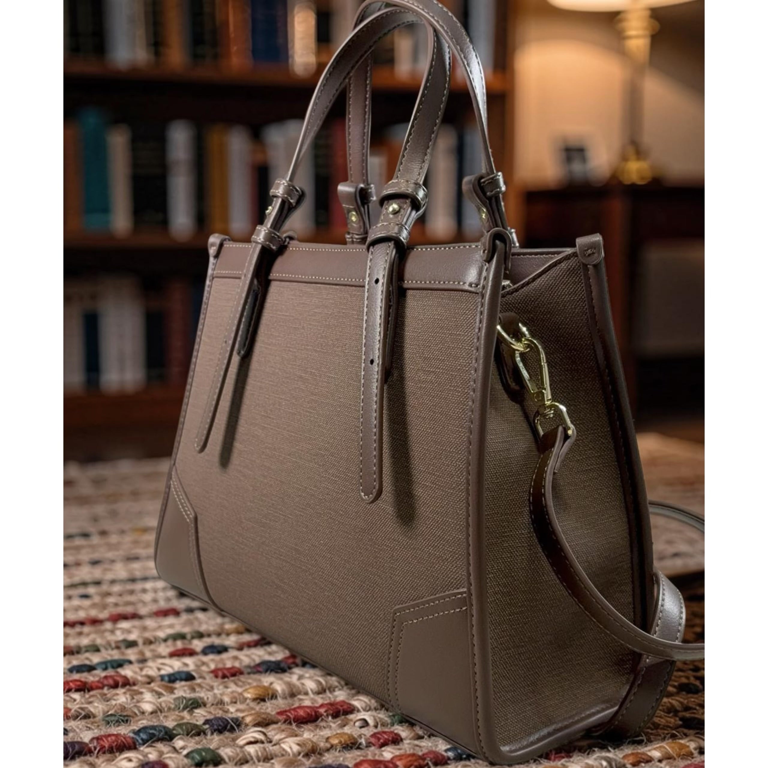 Chrisbella Double Top Handle Leather Tapping Bag in Coffee