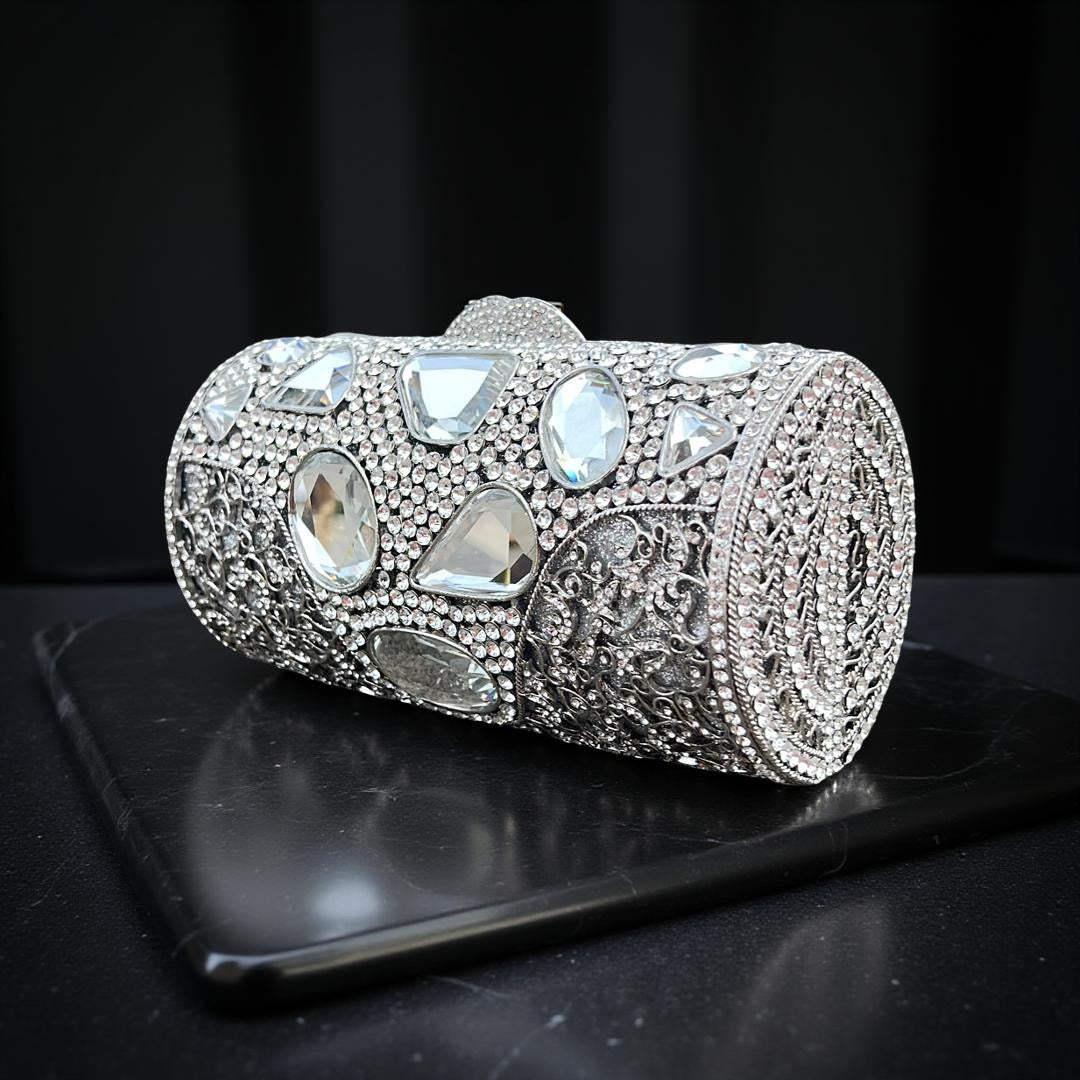Monaco Sparkle Clutch Rhinestone Evening Bag with Chain Strap in Silver
