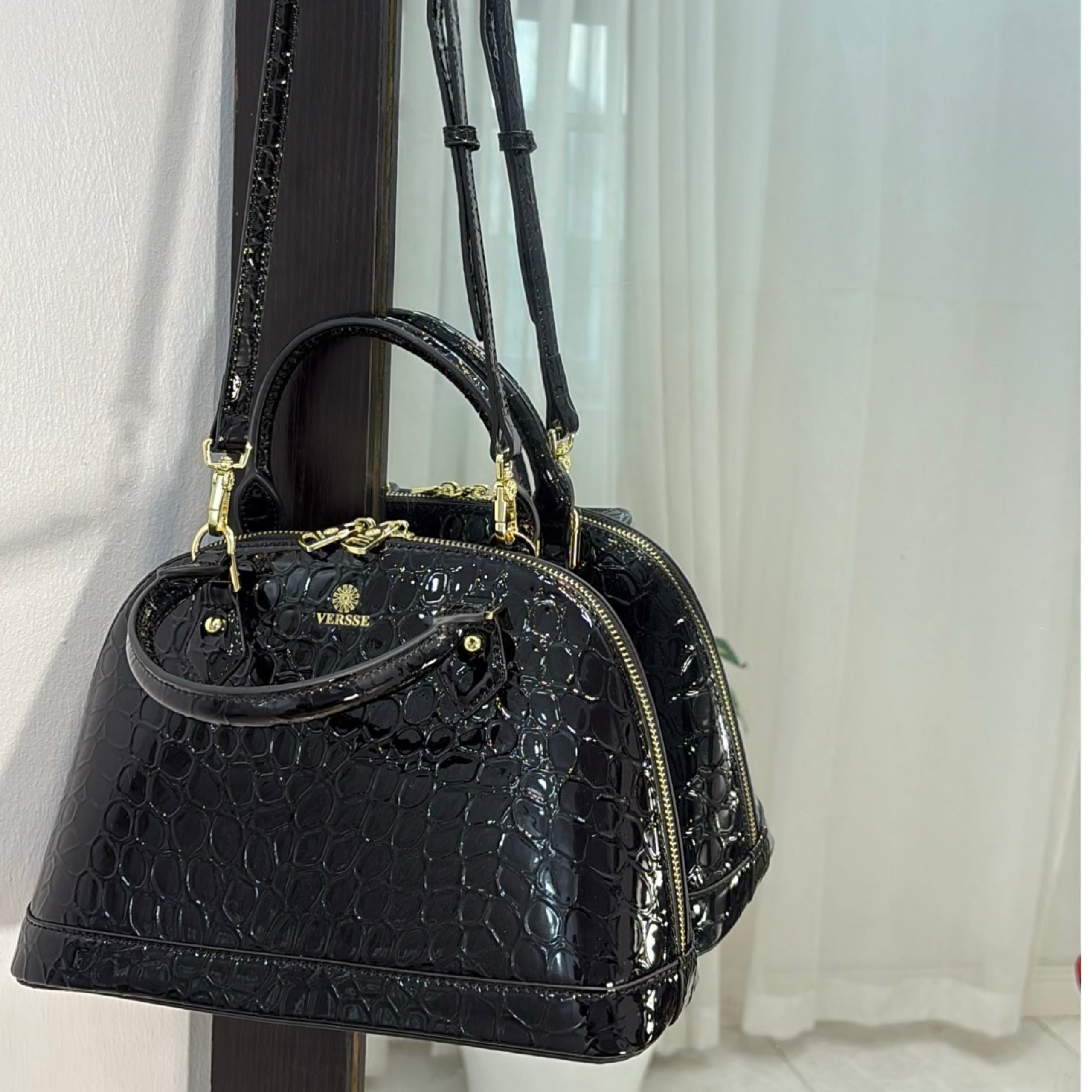 Versse Faux Croc Patent Leather Bag in Black