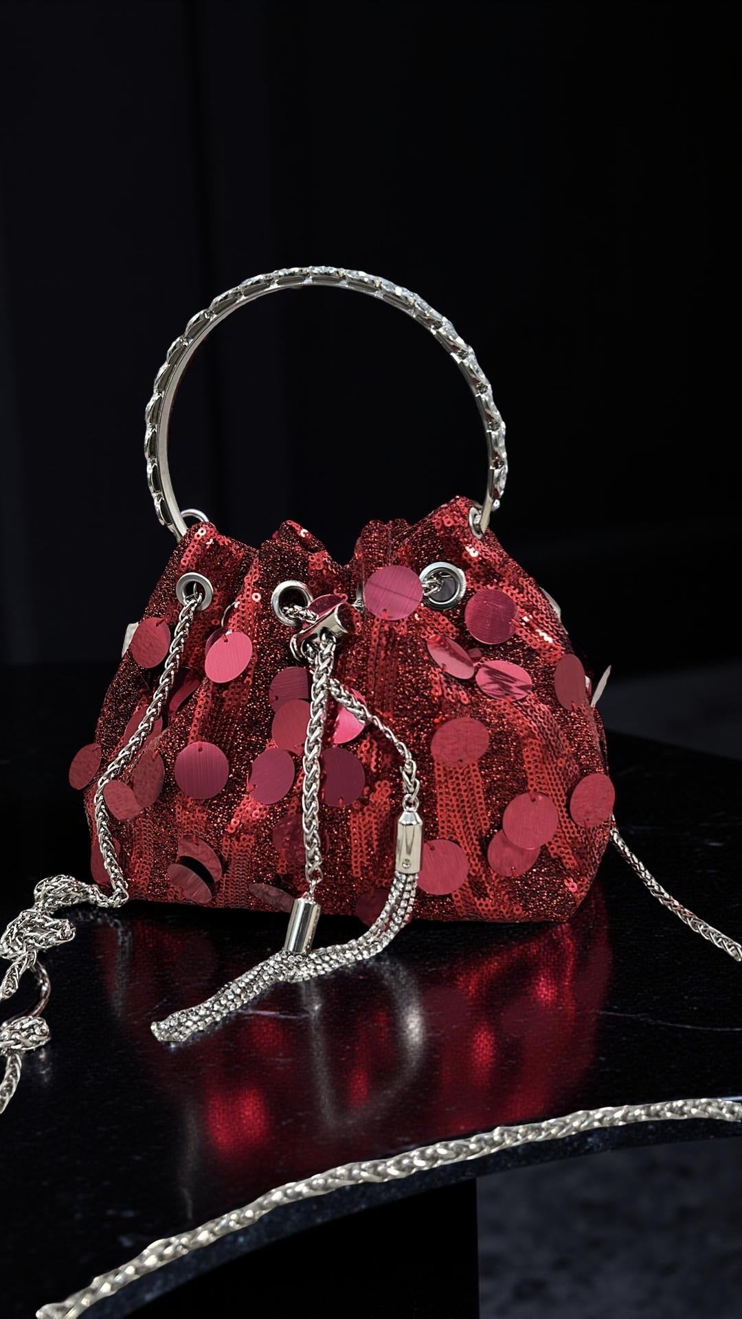 Cannes Top Handle Sequin Drawstring Purse in Red
